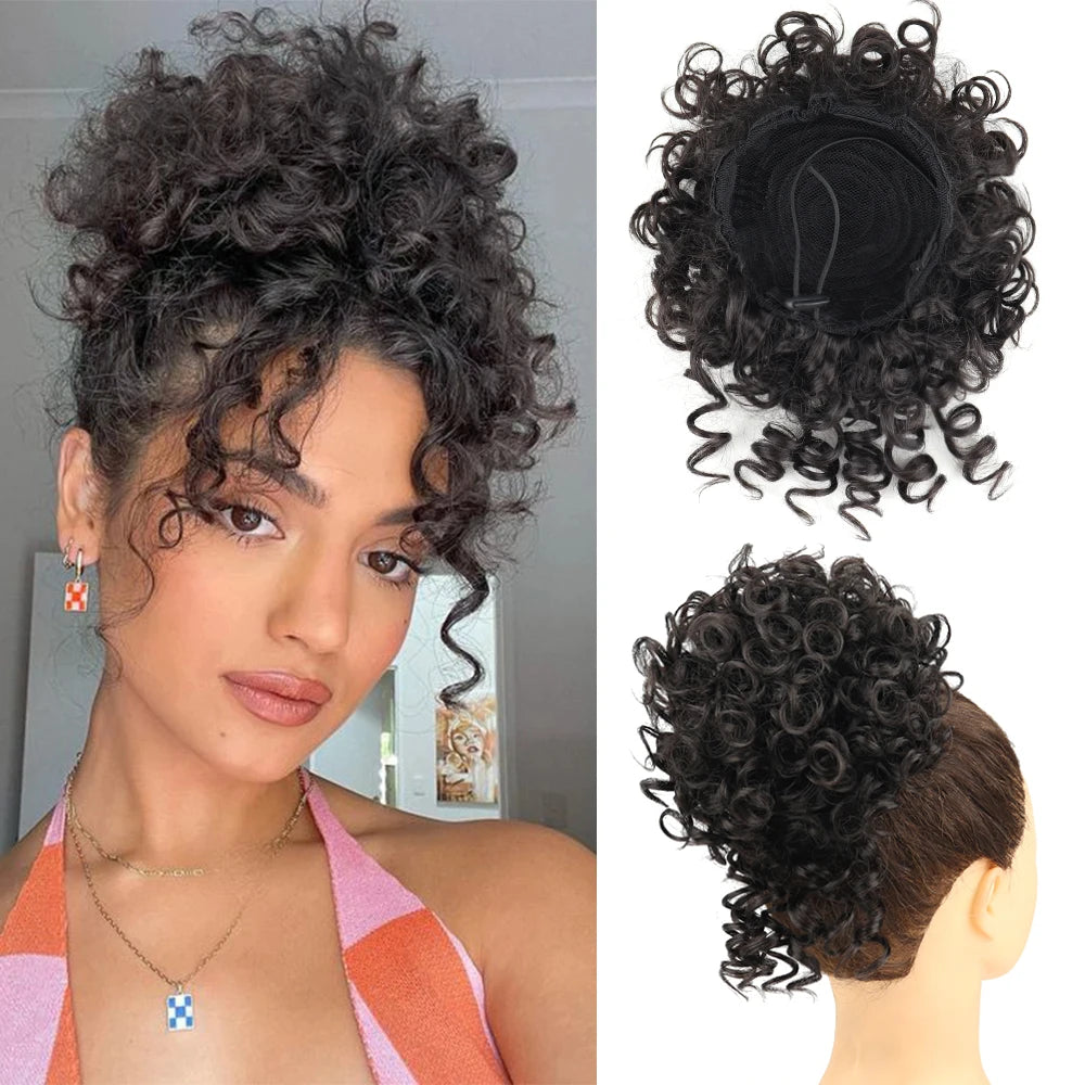 Drawstring messy bun hair piece, synthetic curly in dark black