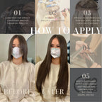 Synthetic straight tape-in hair extensions with blue tape tabs on hair, shown in application steps