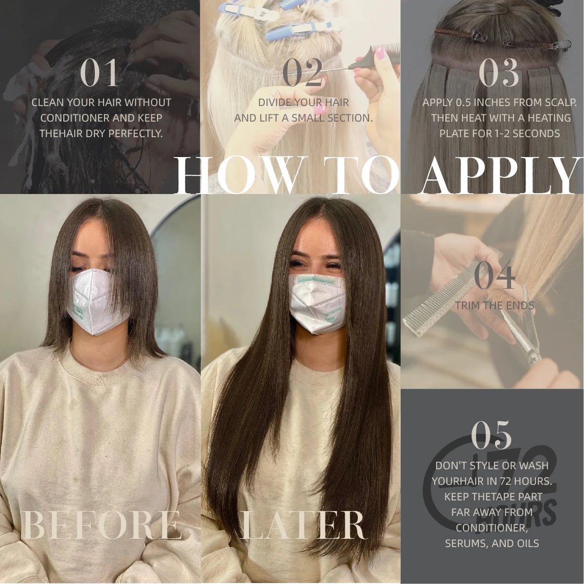 Synthetic straight tape-in hair extensions with blue tape tabs on hair, shown in application steps