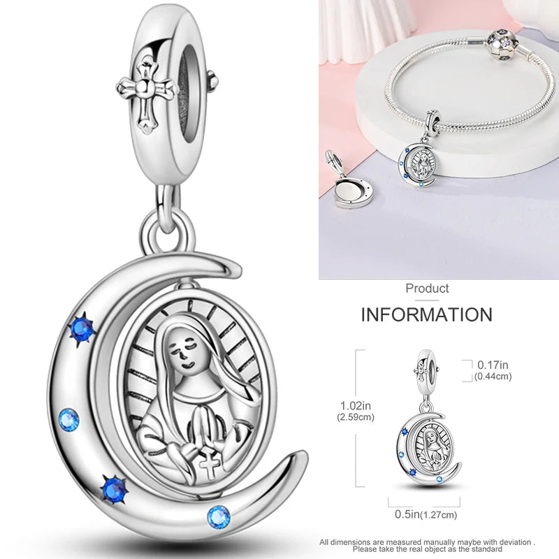 Sterling silver moon charm with praying angel face and blue gemstone accents