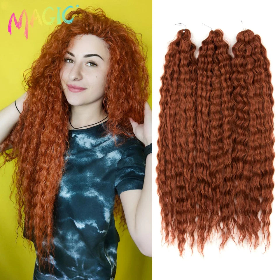 Synthetic curly crochet braids hairpiece, deep copper-brown wavy texture