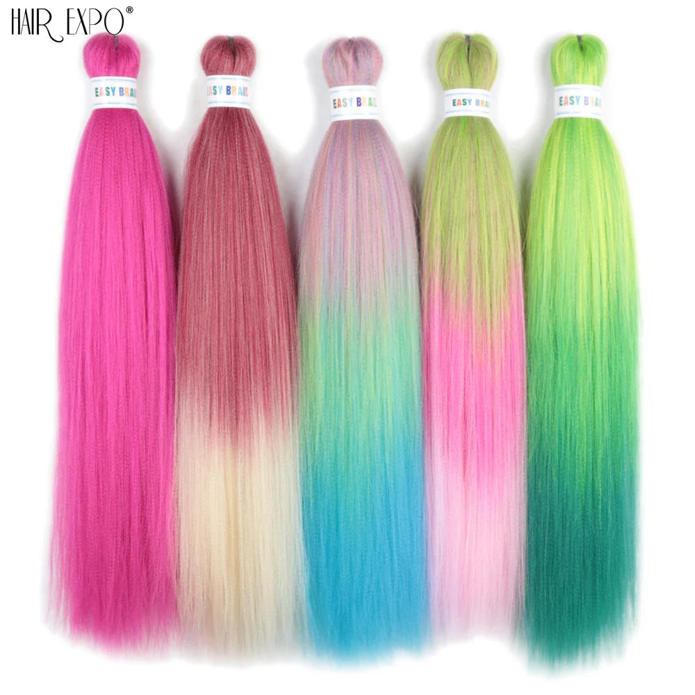 26-inch synthetic pre-stretched braiding hair extension bundles in pink, lilac and green