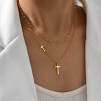 Double-layer gold cross pendant necklace with two hanging cross charms