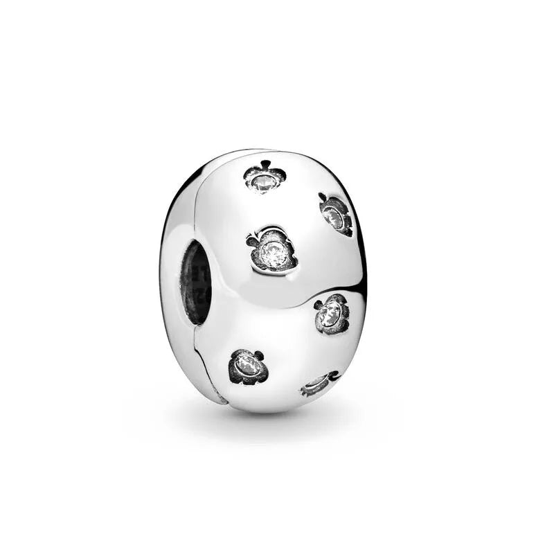Silver-tone round charm bead with small heart and animal icon stone details