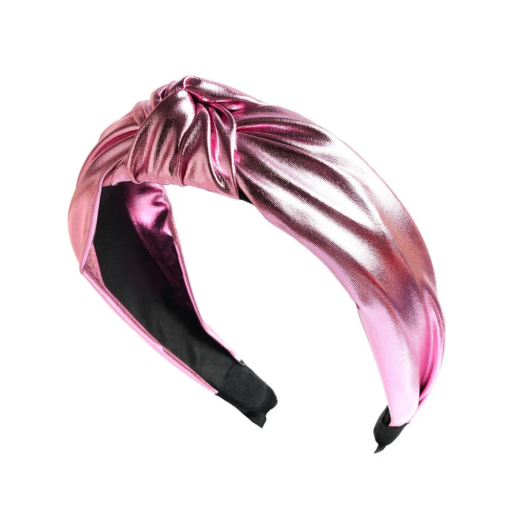Wide PU leather headband in pink metallic with twisted knot top and elastic ends