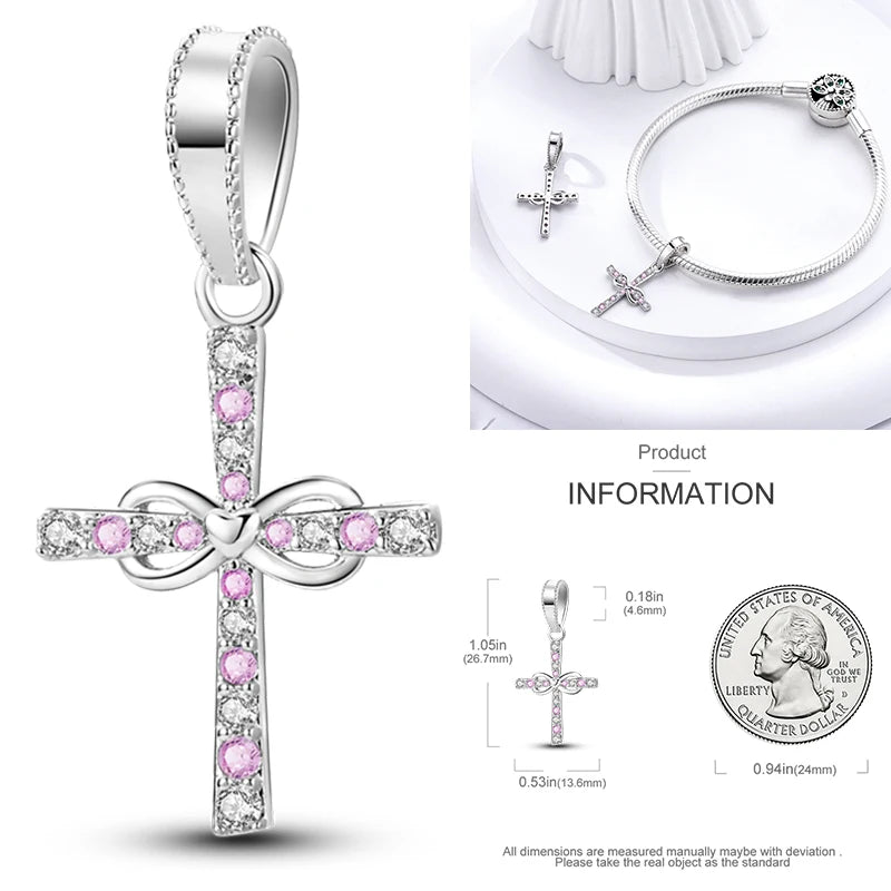 925 sterling silver cross charm bead with pink gemstones and heart-shaped links