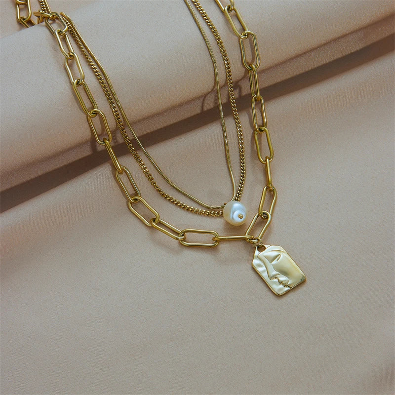 3-Layer Pearl Square Portrait Pendant Necklace — 316L Stainless Steel