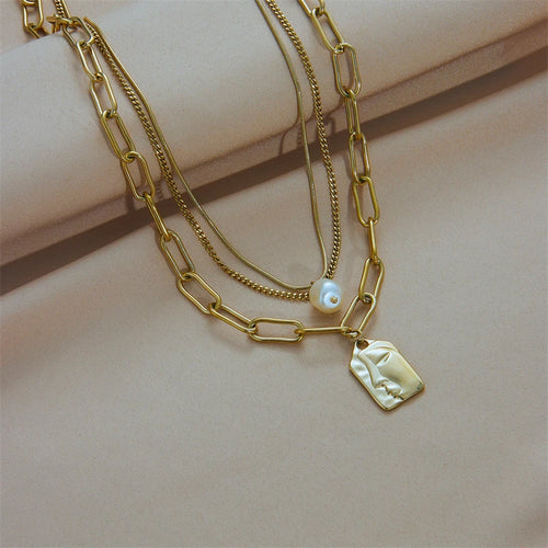 3-Layer Pearl Square Portrait Pendant Necklace — 316L Stainless Steel