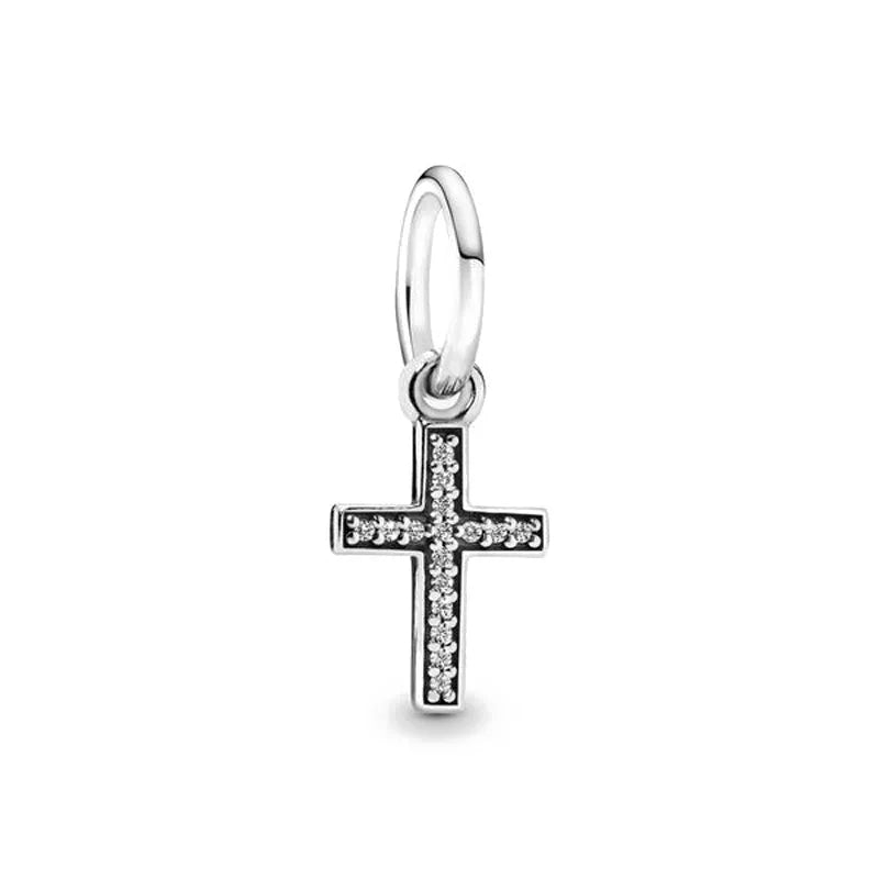925 sterling silver cross charm bead with pave crystal outline