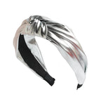 Wide PU leather headband in silver with twisted knot top and elastic ends