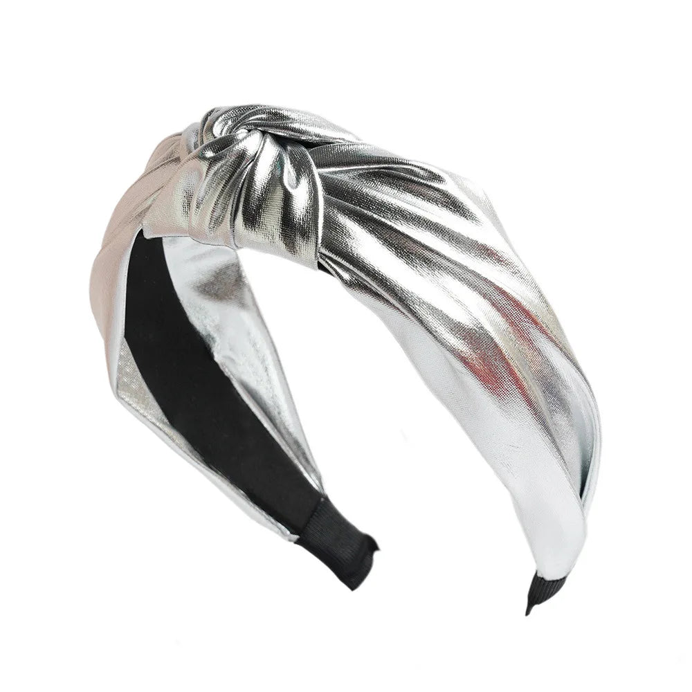 Wide PU leather headband in silver with twisted knot top and elastic ends