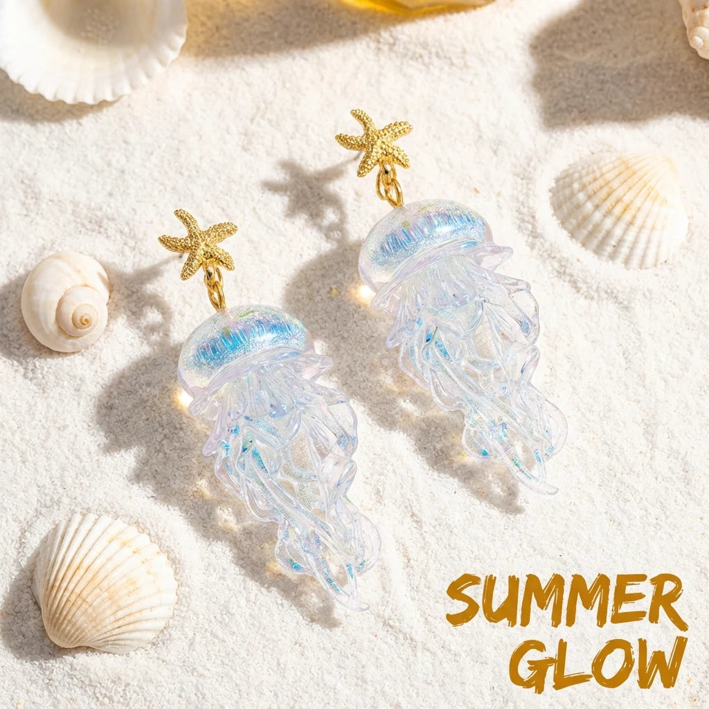 Gold starfish jellyfish drop earrings with iridescent clear jelly charms.