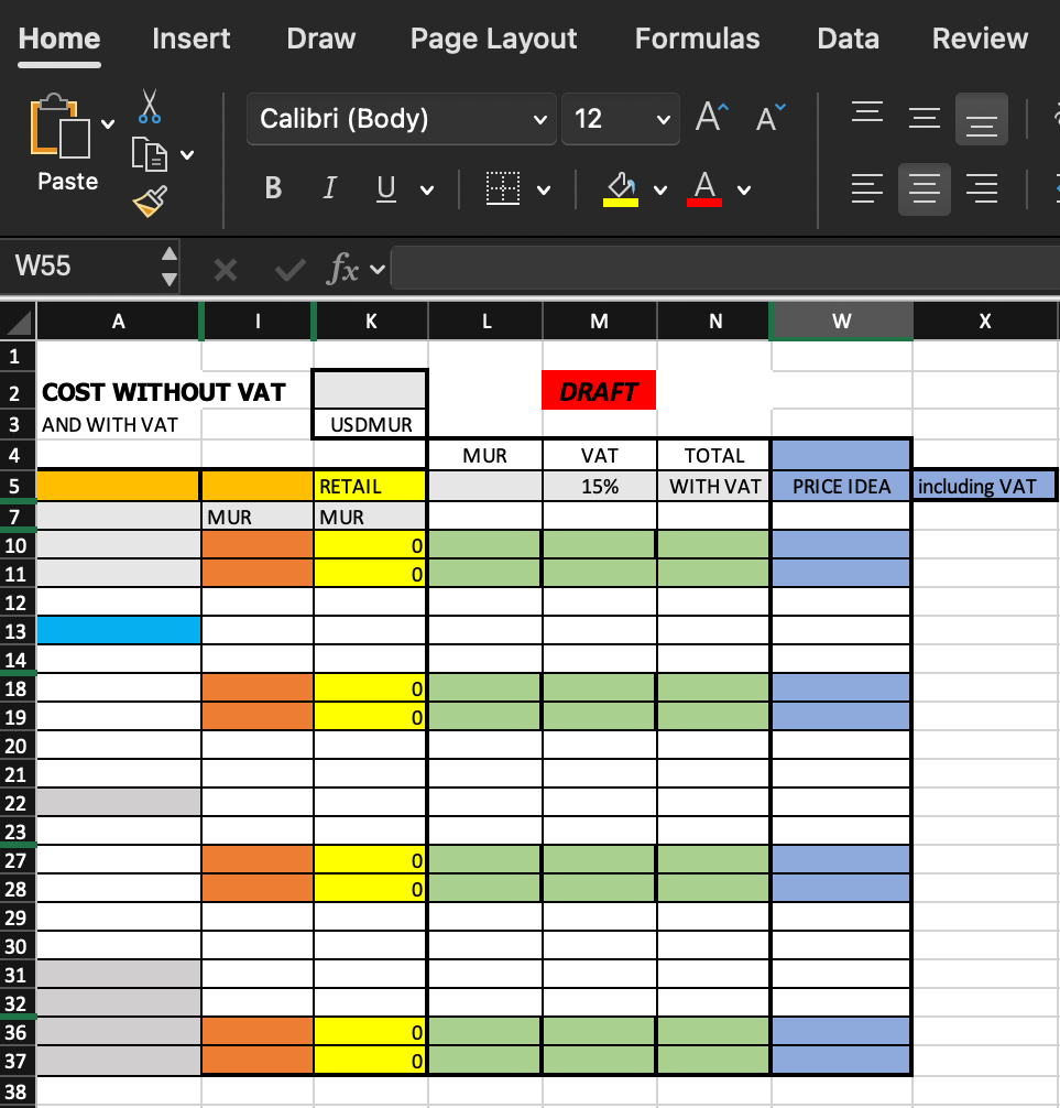 Excel pricing calculator template with cost, VAT and totals table