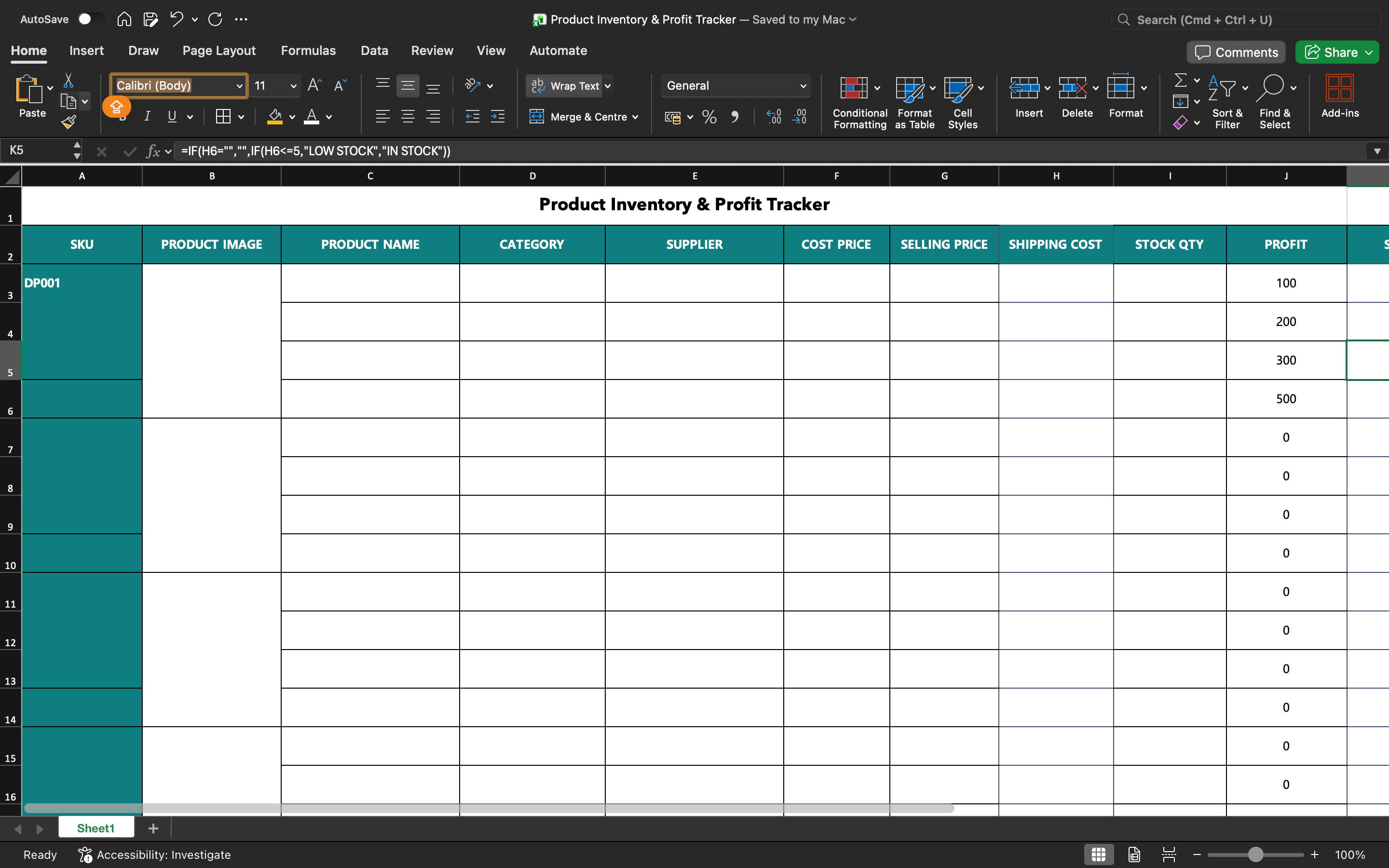 Excel inventory and profit tracker spreadsheet with column headers for products and pricing