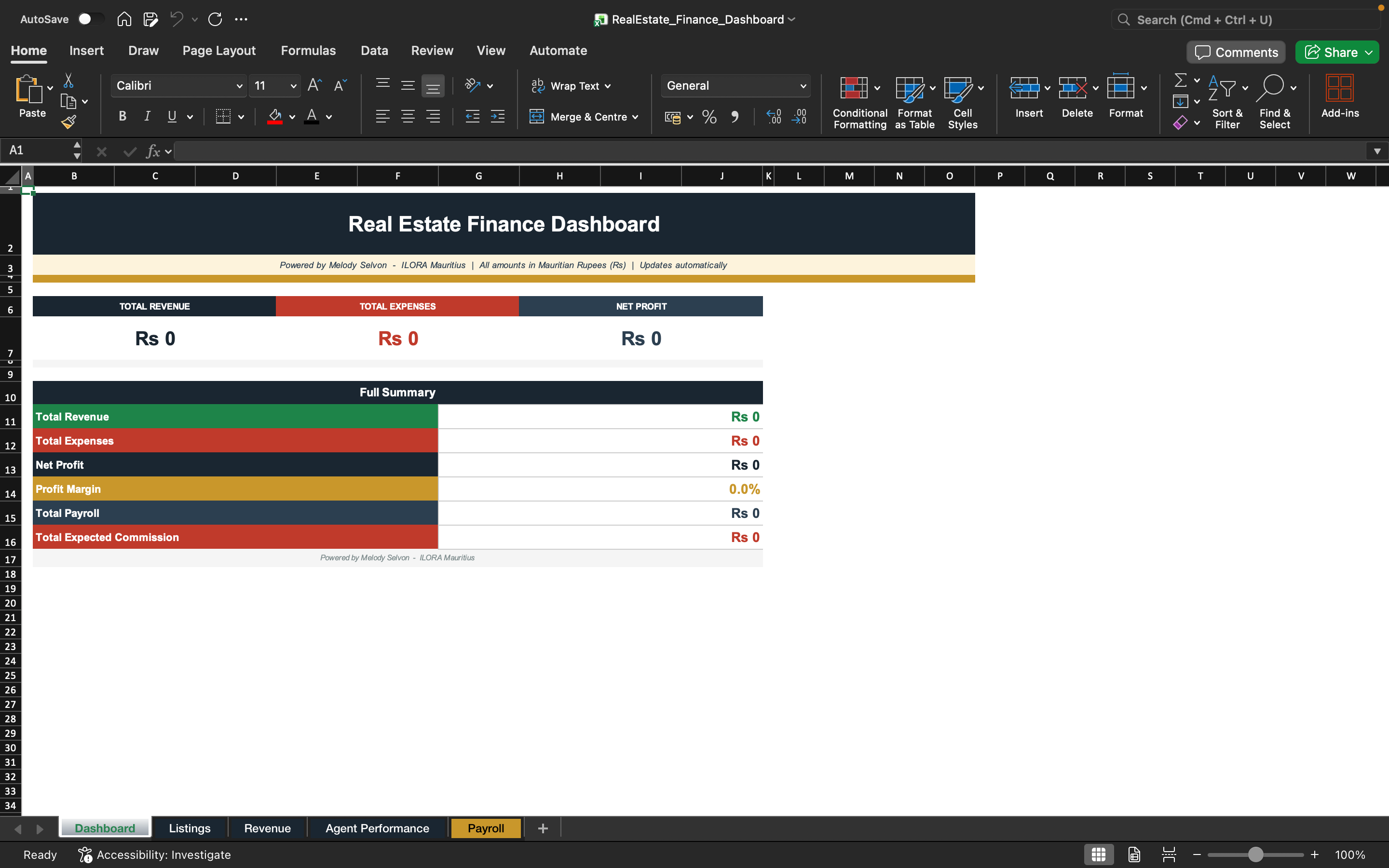 Finance dashboard spreadsheet with full summary bars and total revenue fields