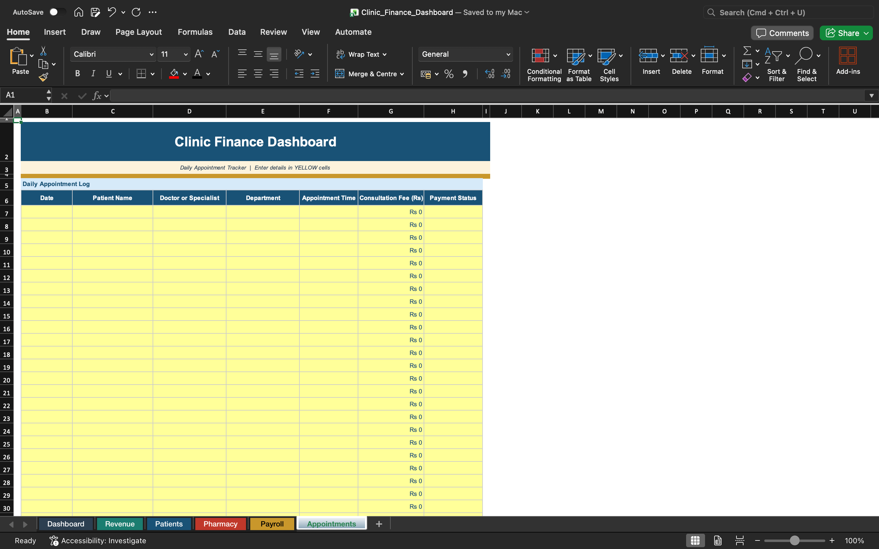 Clinic finance dashboard spreadsheet with appointments grid and date columns