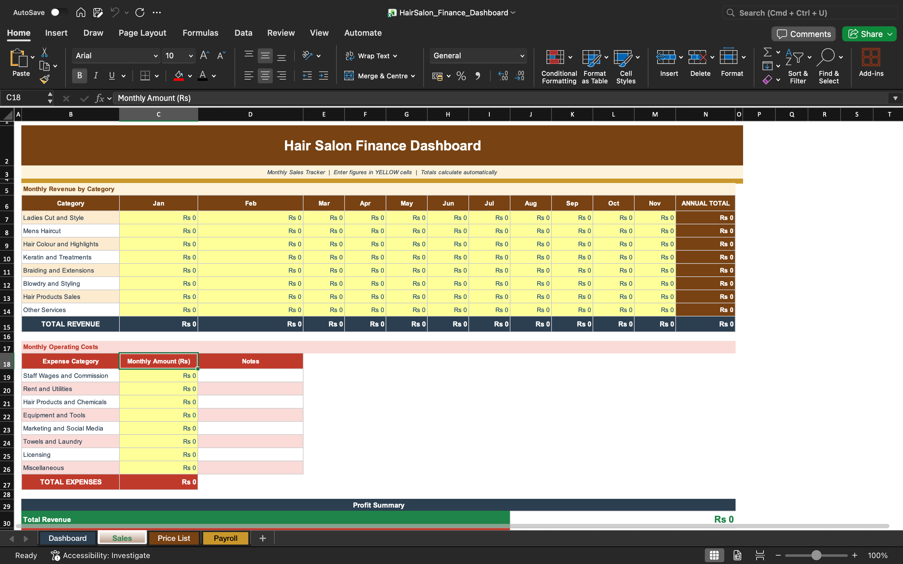Excel finance dashboard spreadsheet with table of monthly revenue, expenses, and totals