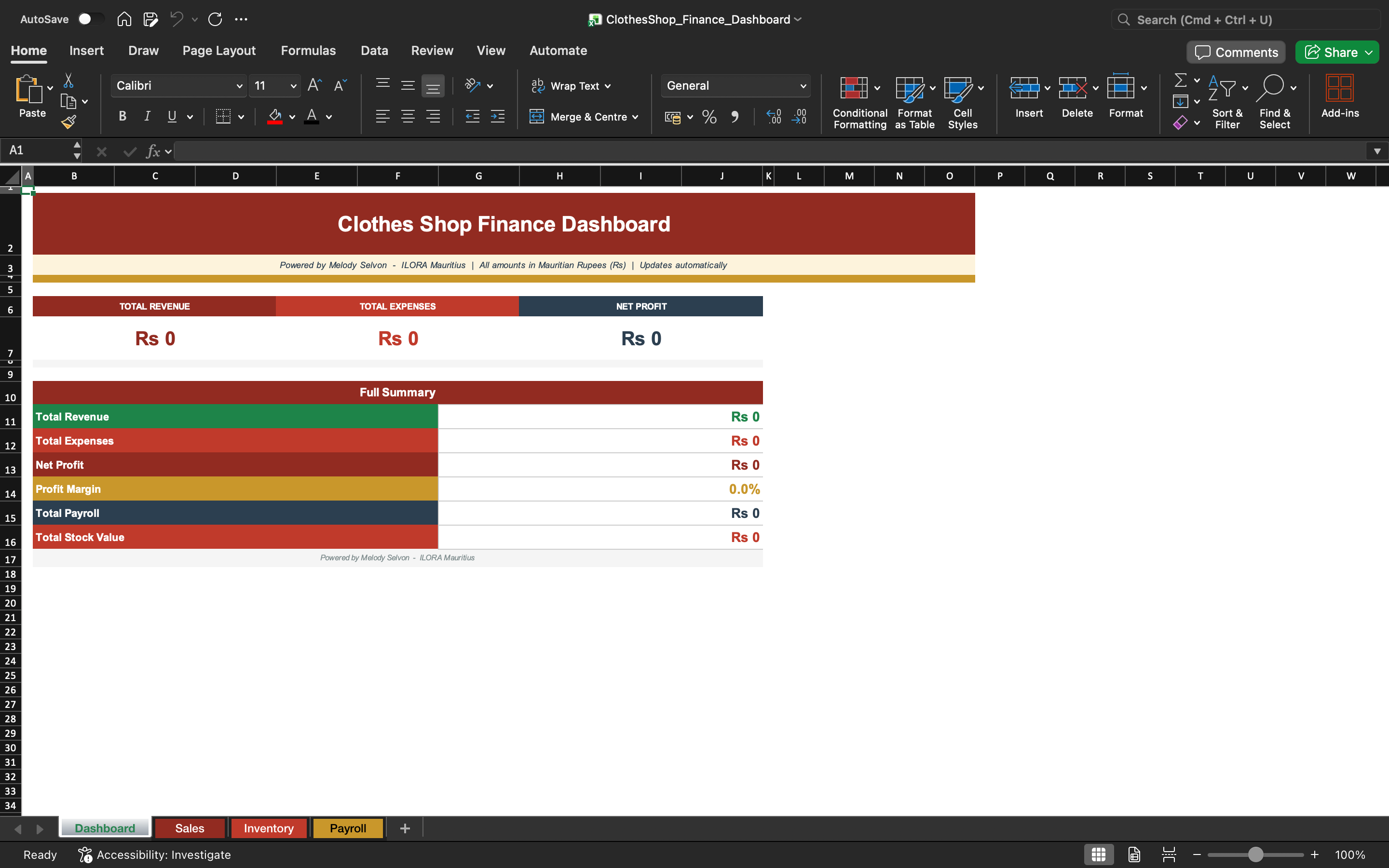 Excel finance tracker dashboard with summary table and totals