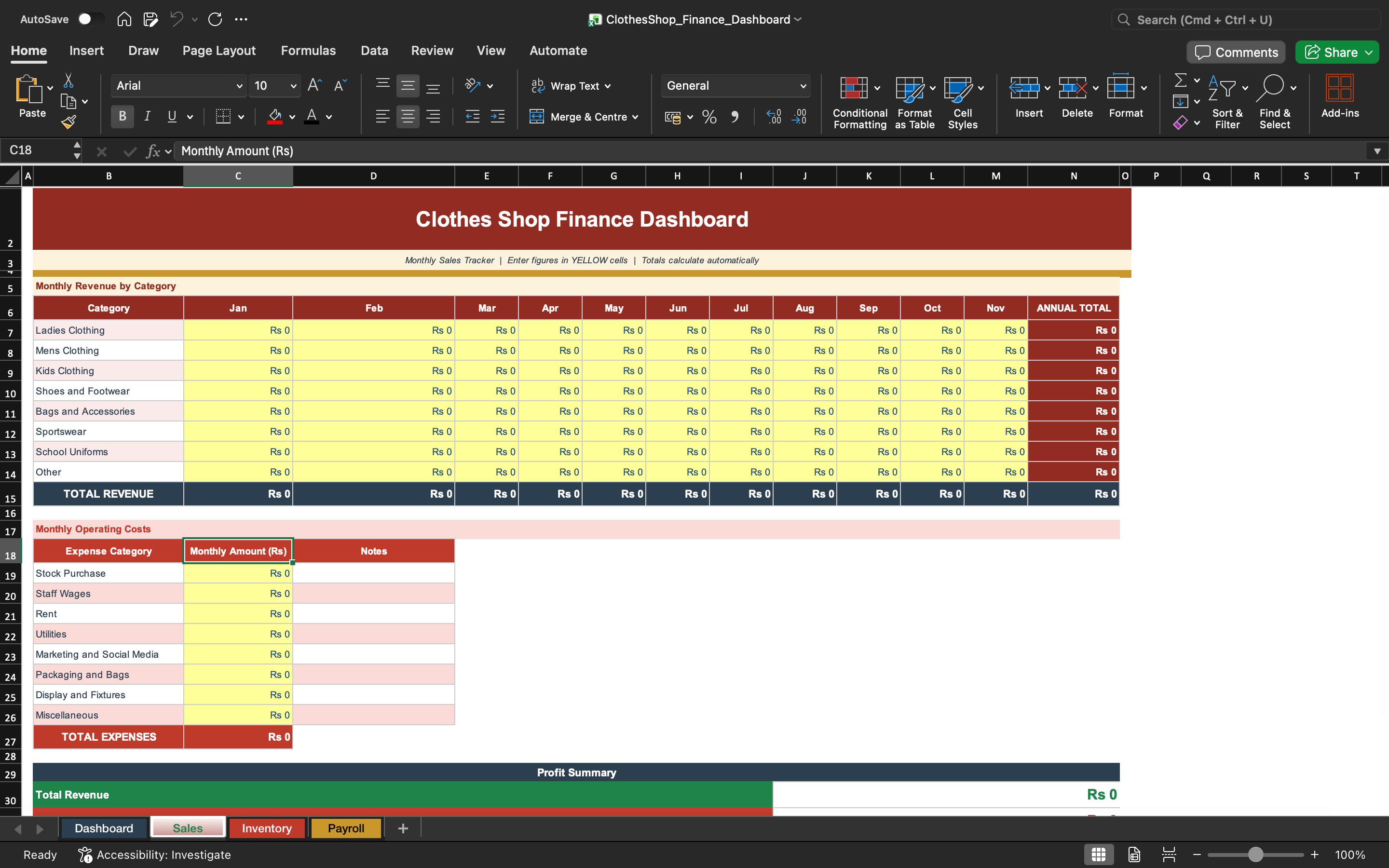 Excel finance tracker dashboard with monthly revenue and expenses grid