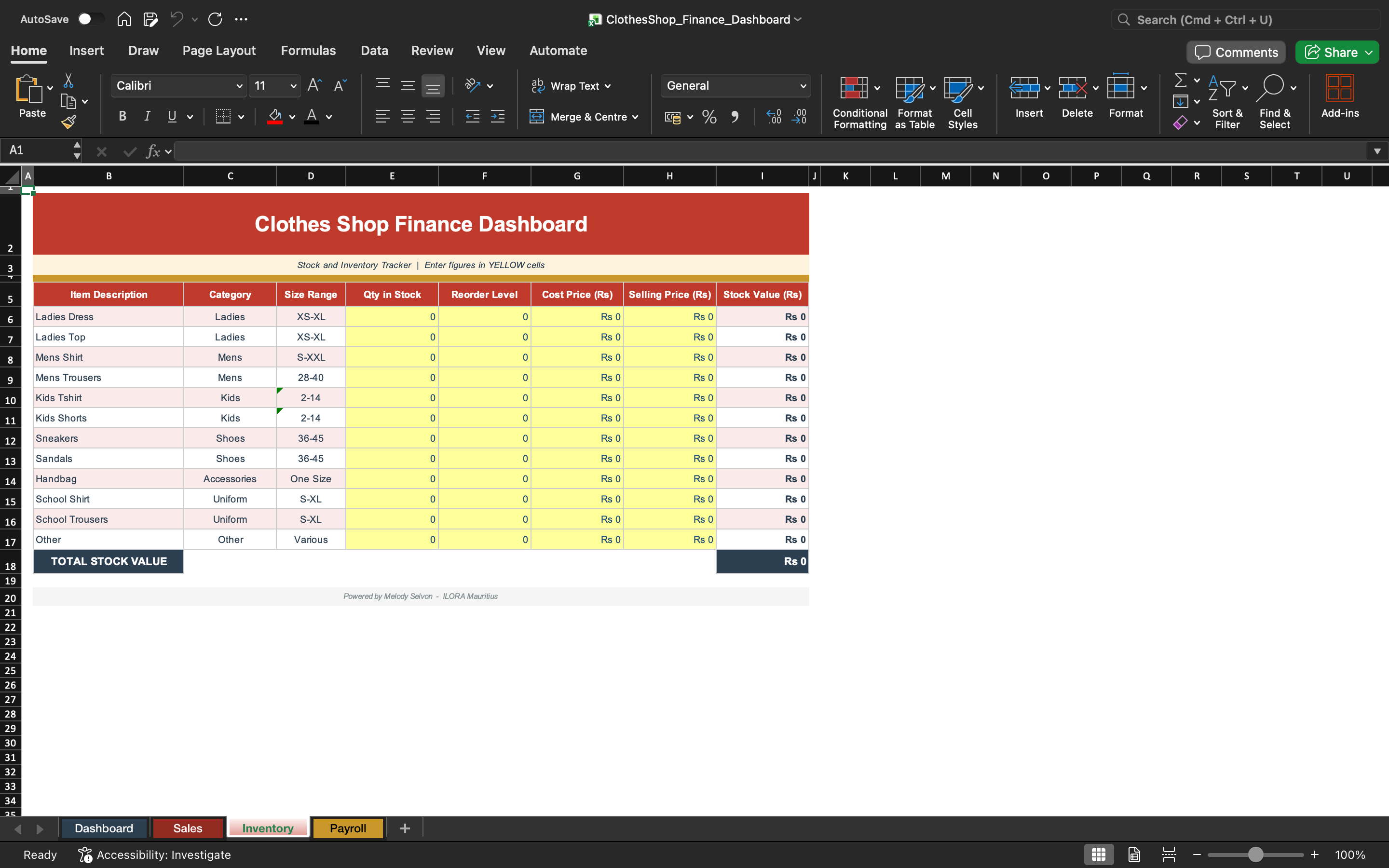 Excel finance tracker dashboard with stock value and product listing table