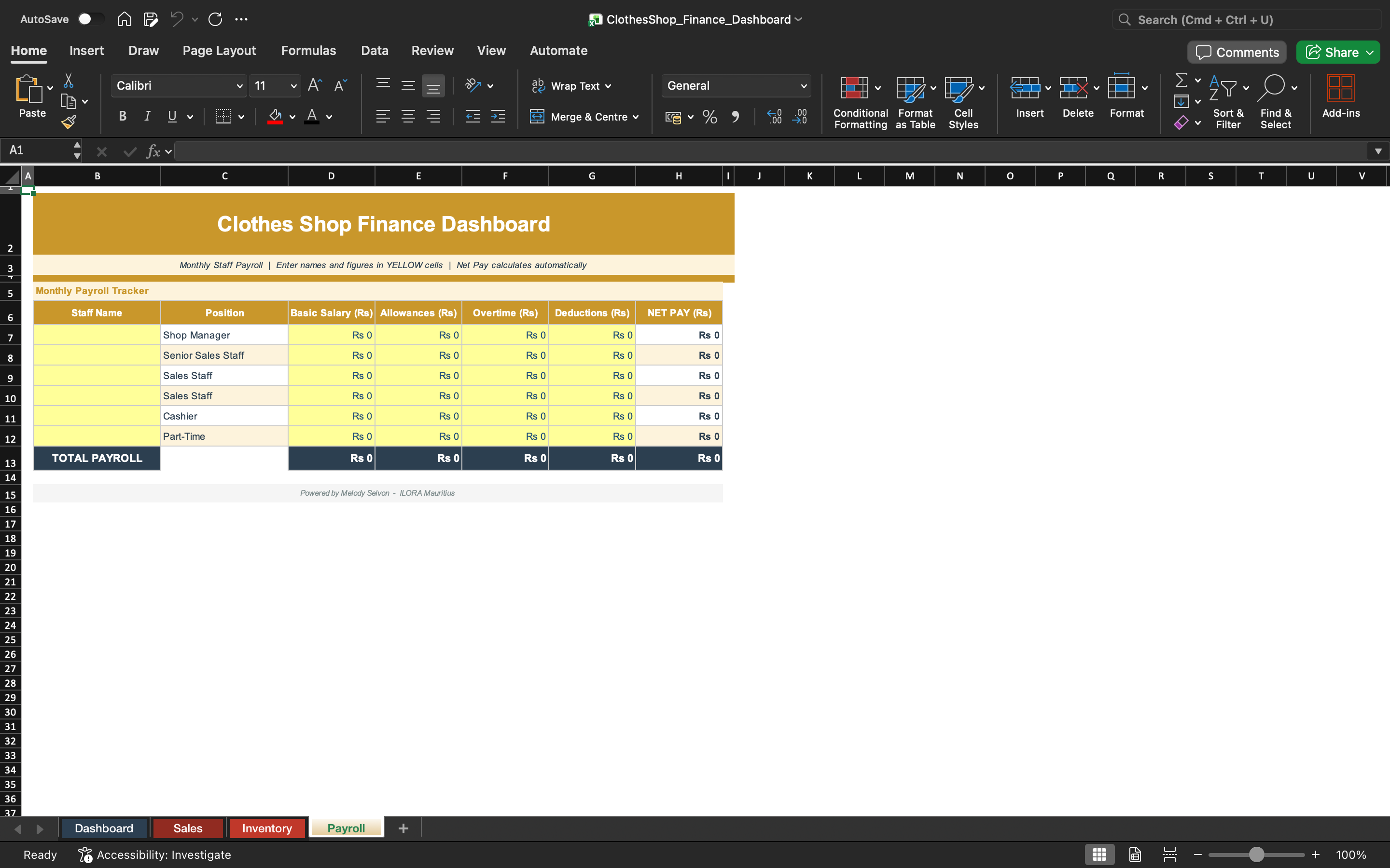 Excel finance tracker dashboard with payroll summary table