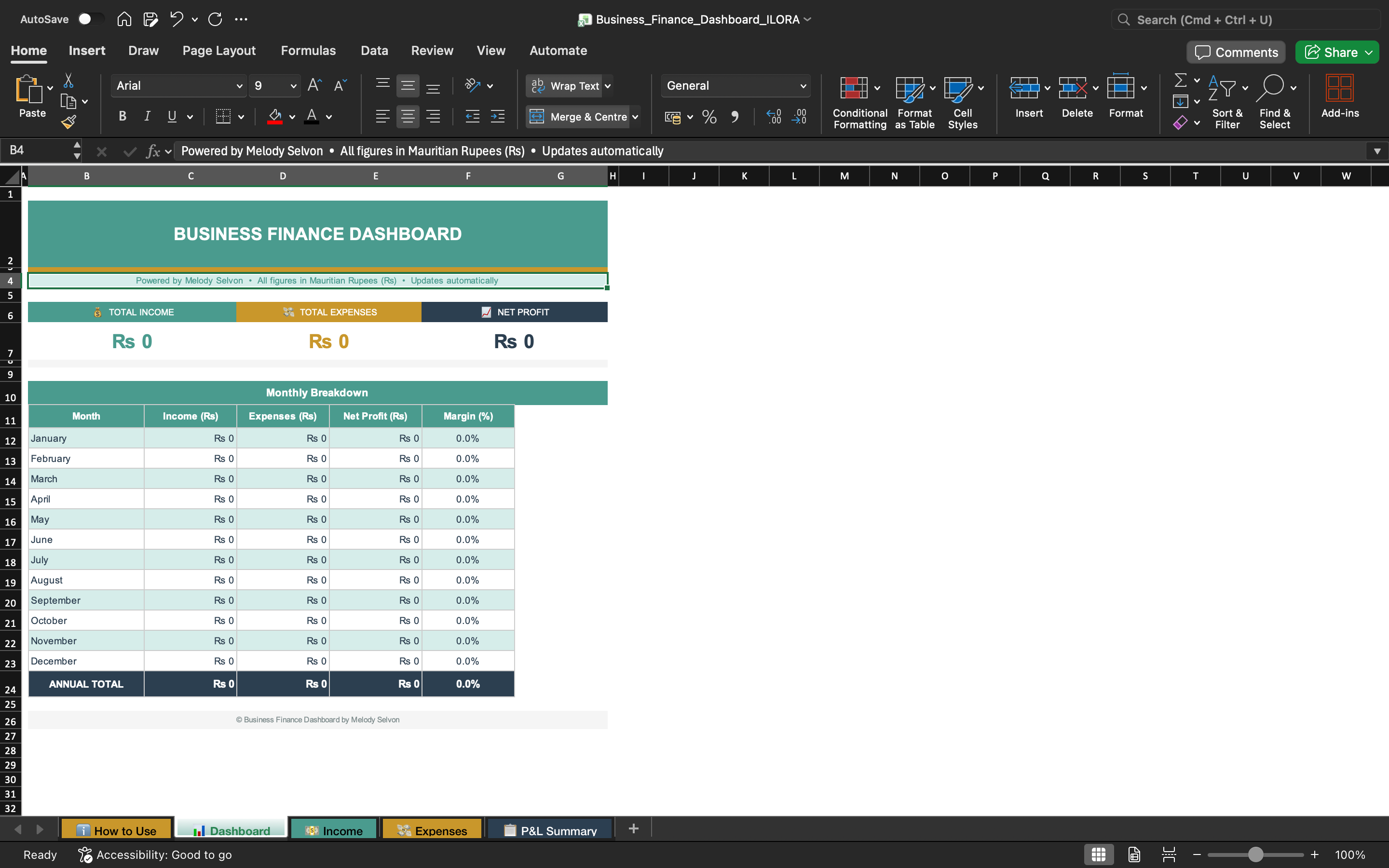 Business finance dashboard spreadsheet with monthly overview table and totals