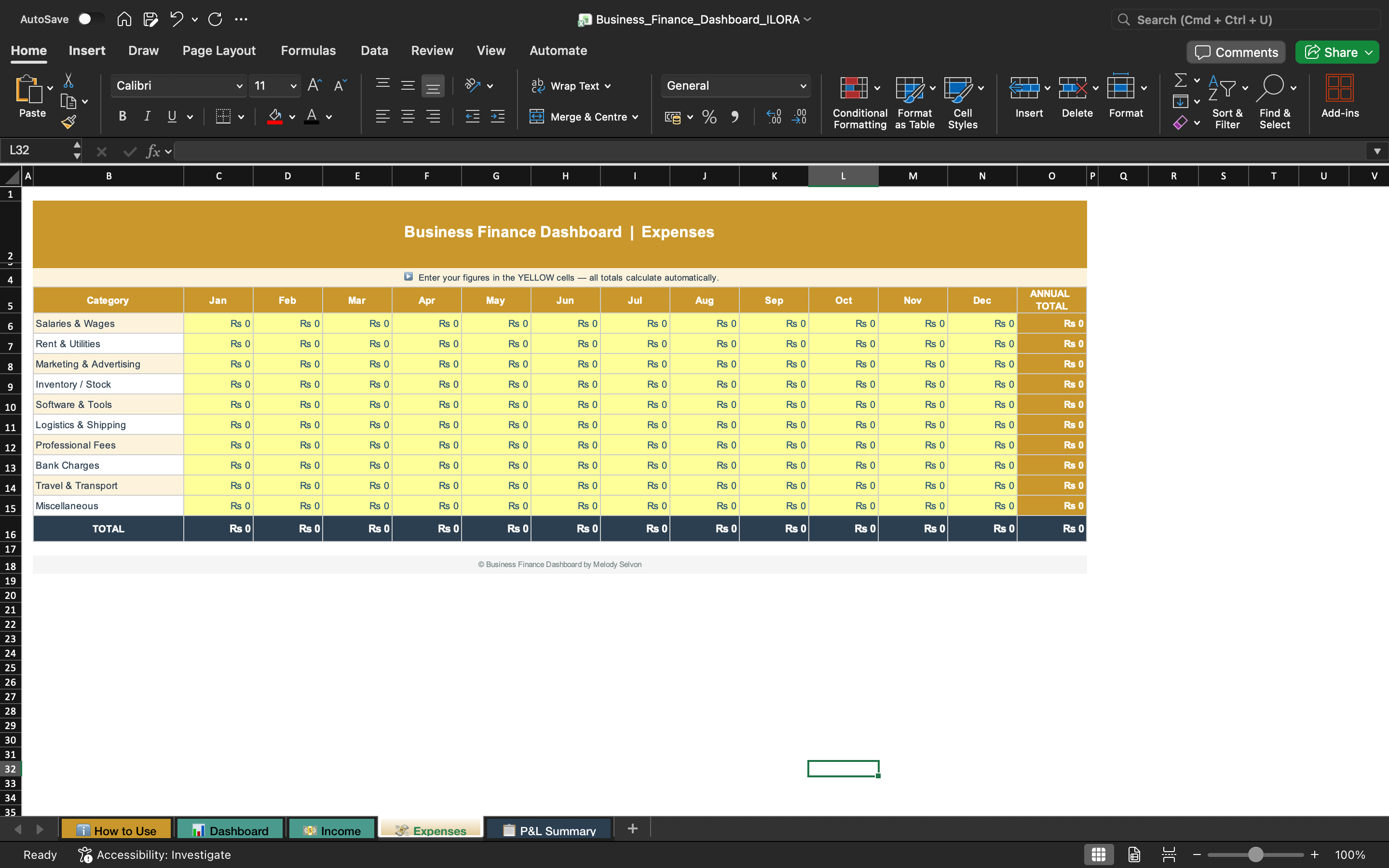 Business finance dashboard sheet showing expenses categories in a grid table