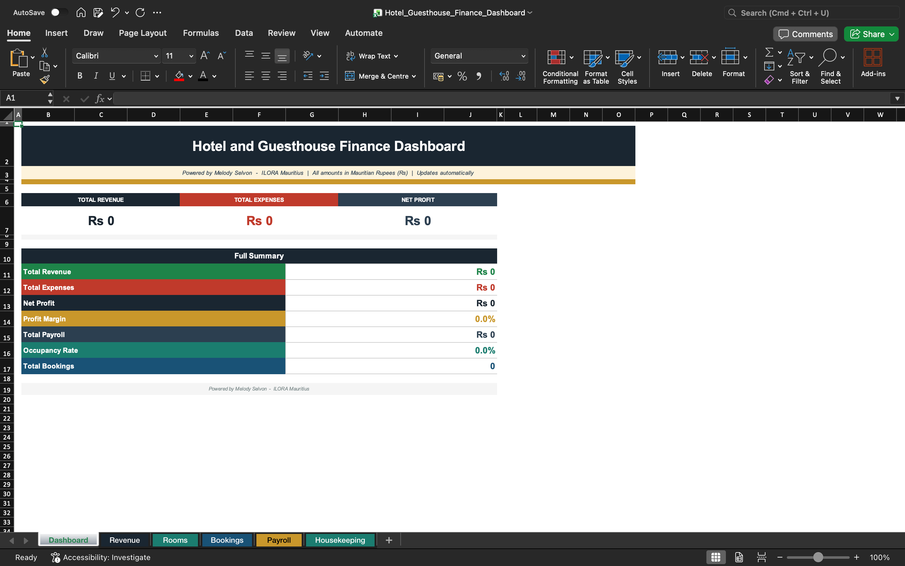 Excel finance dashboard with summary bars for revenue and expenses