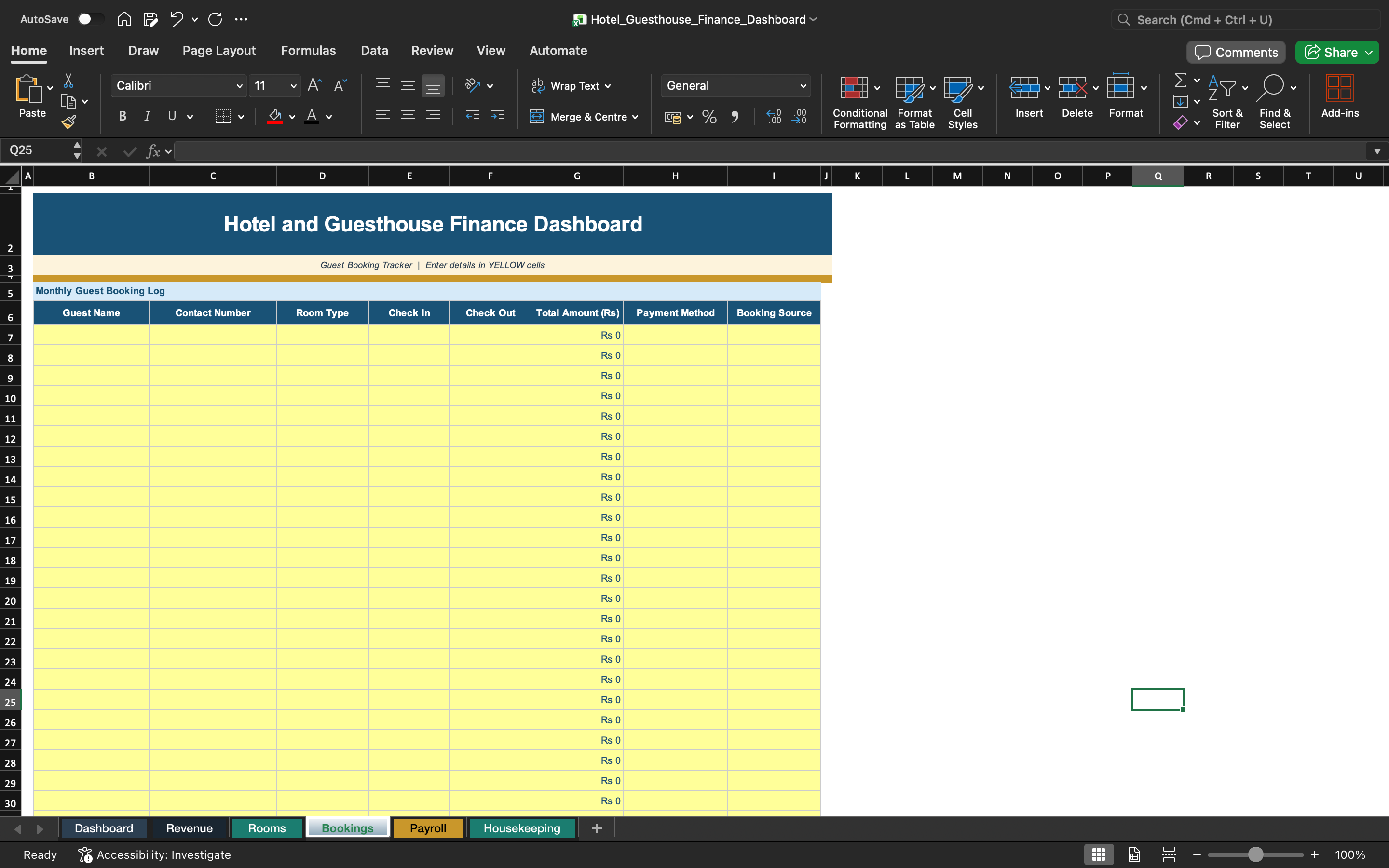 Excel finance dashboard spreadsheet with large yellow grid and expense categories