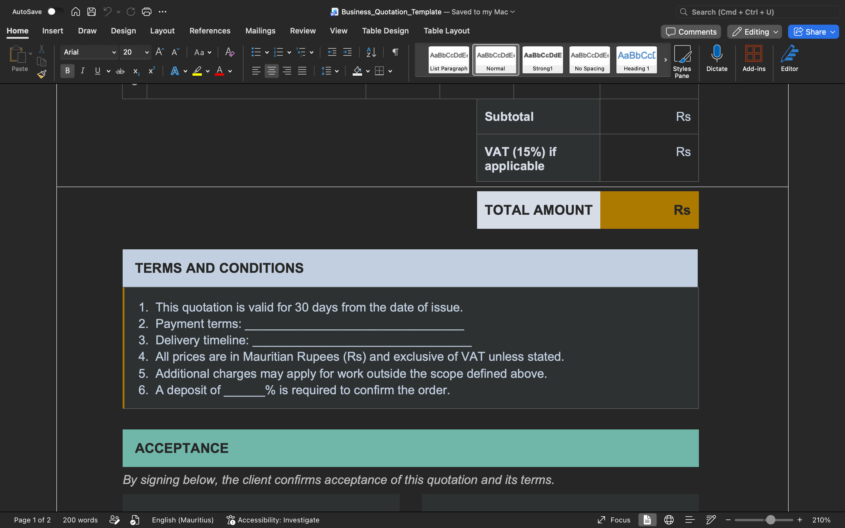 Business quotation template totals section with VAT and total amount fields