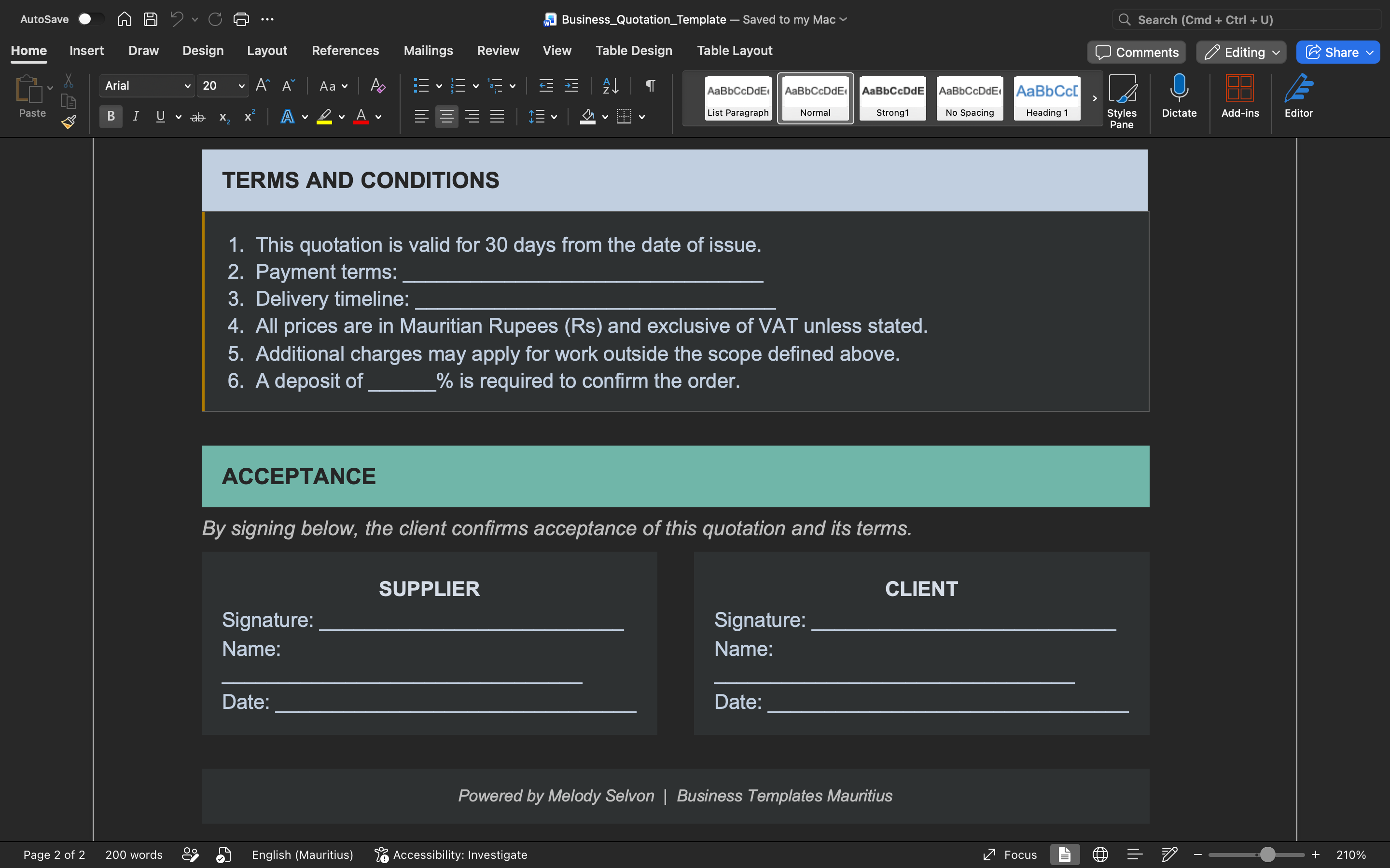 Business quotation template terms and conditions with acceptance and supplier/client signature fields
