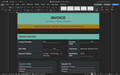 Invoice template page showing invoice details, dates, currency, and payment status