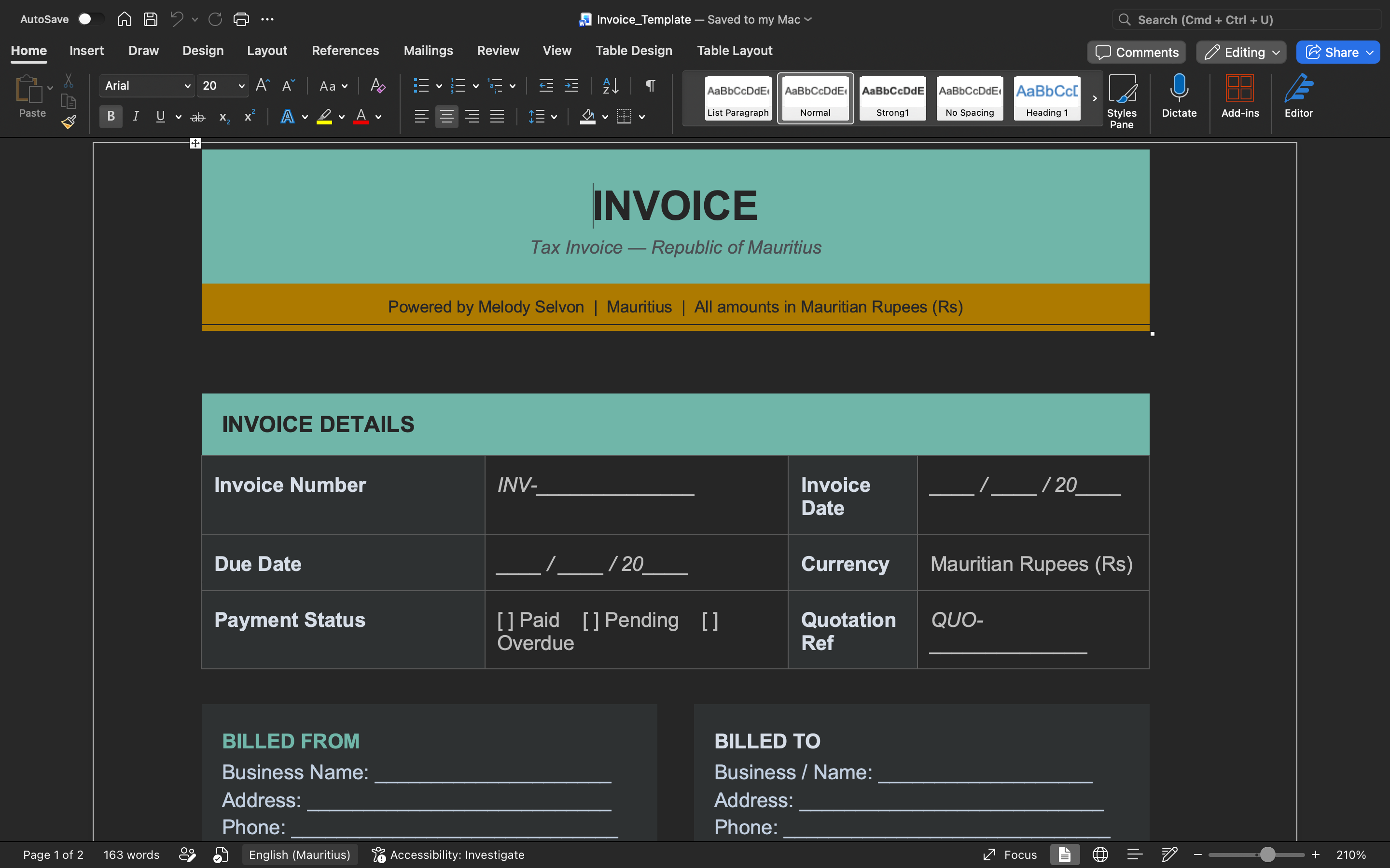 Invoice template page showing invoice details, dates, currency, and payment status