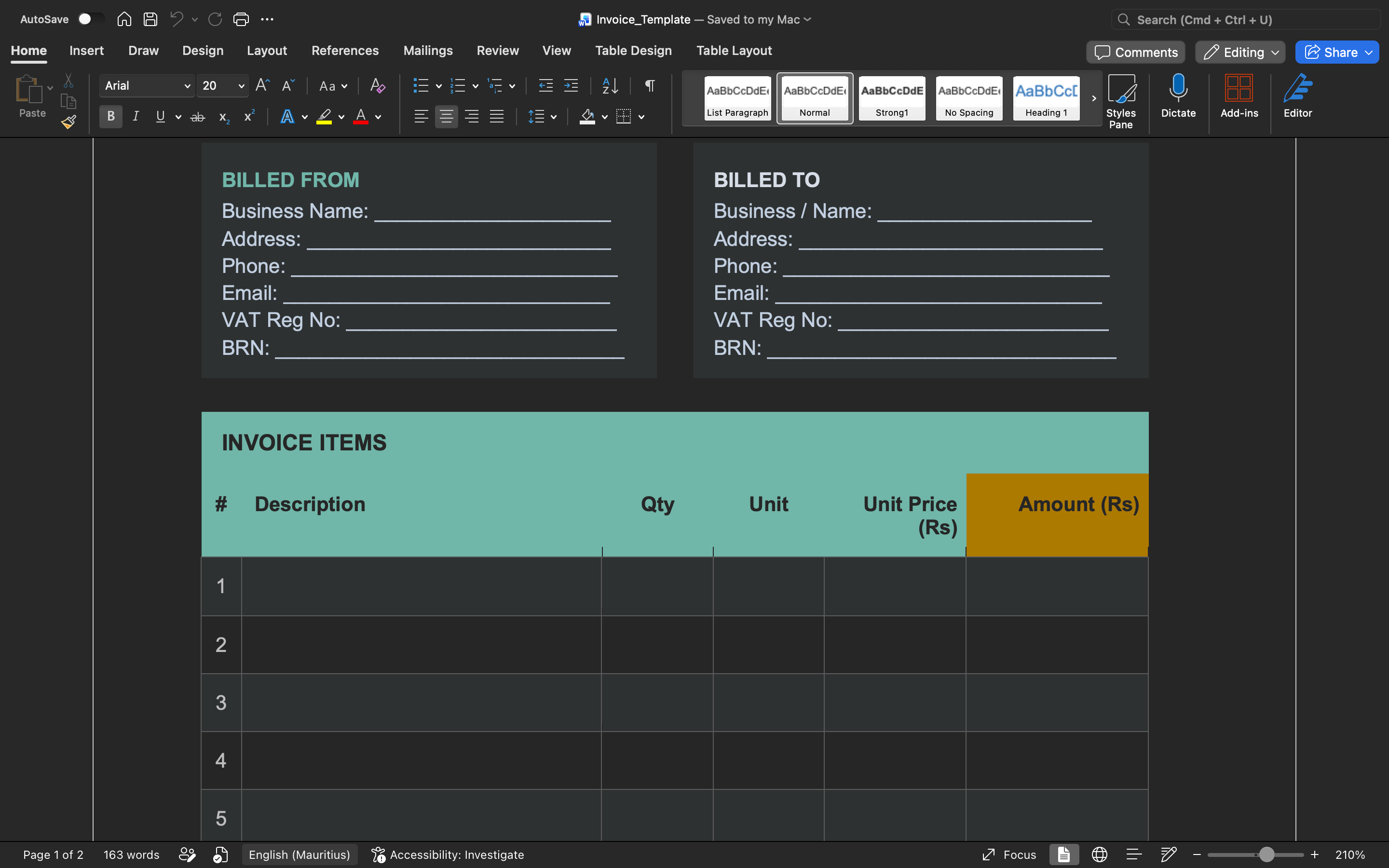 Invoice template with billed from/to boxes and an items table with quantity and price