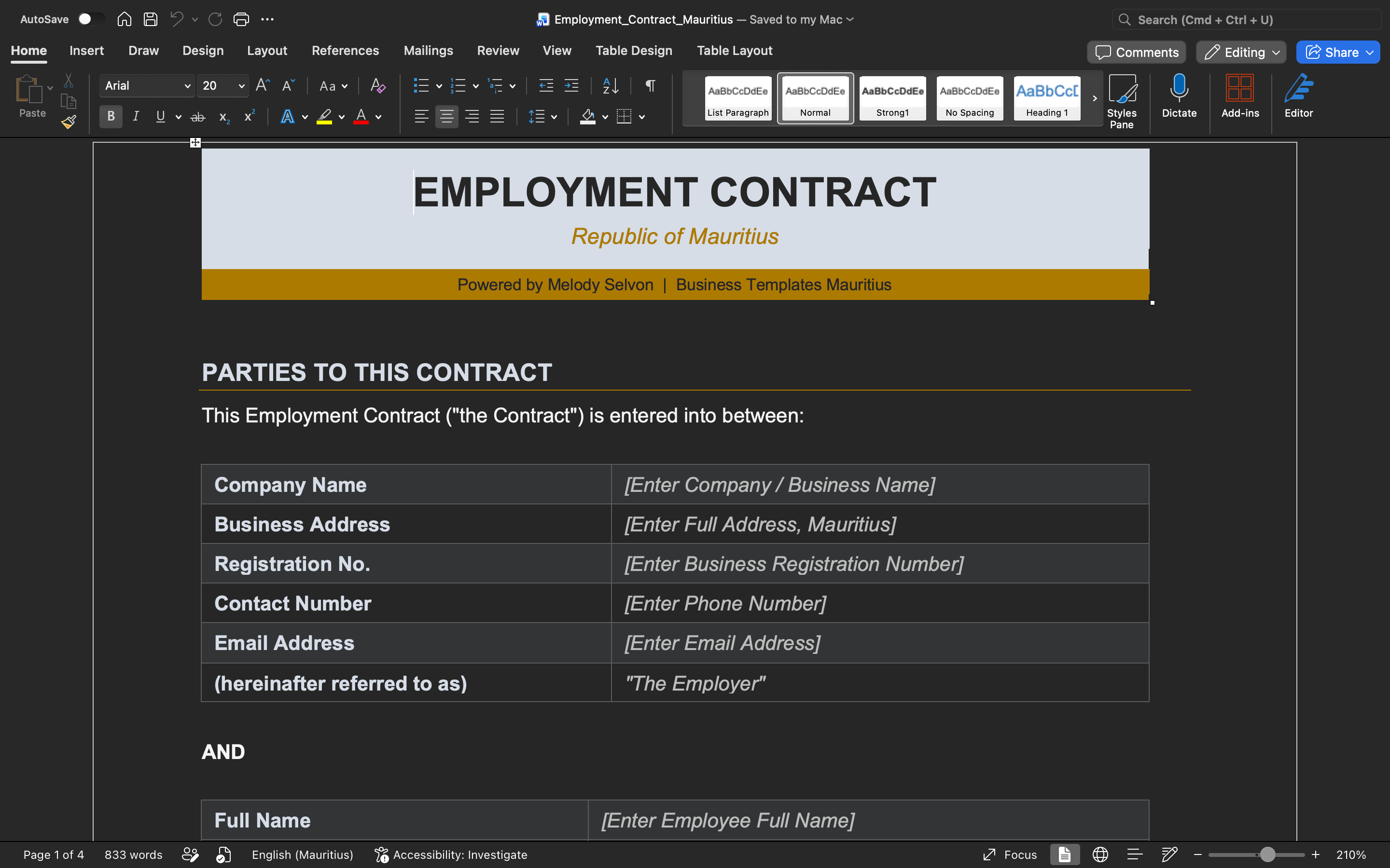 Employment contract template—parties to contract details table with field blanks