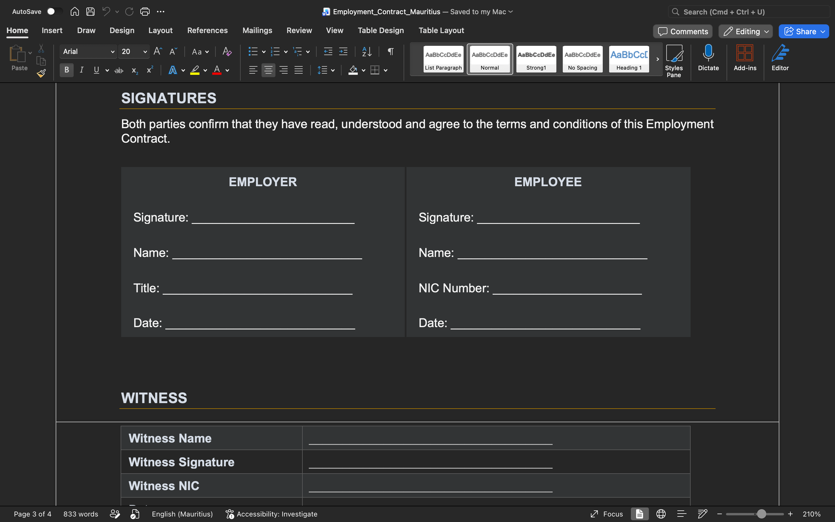 Employment contract template—signatures and dates for employer, employee, and witness