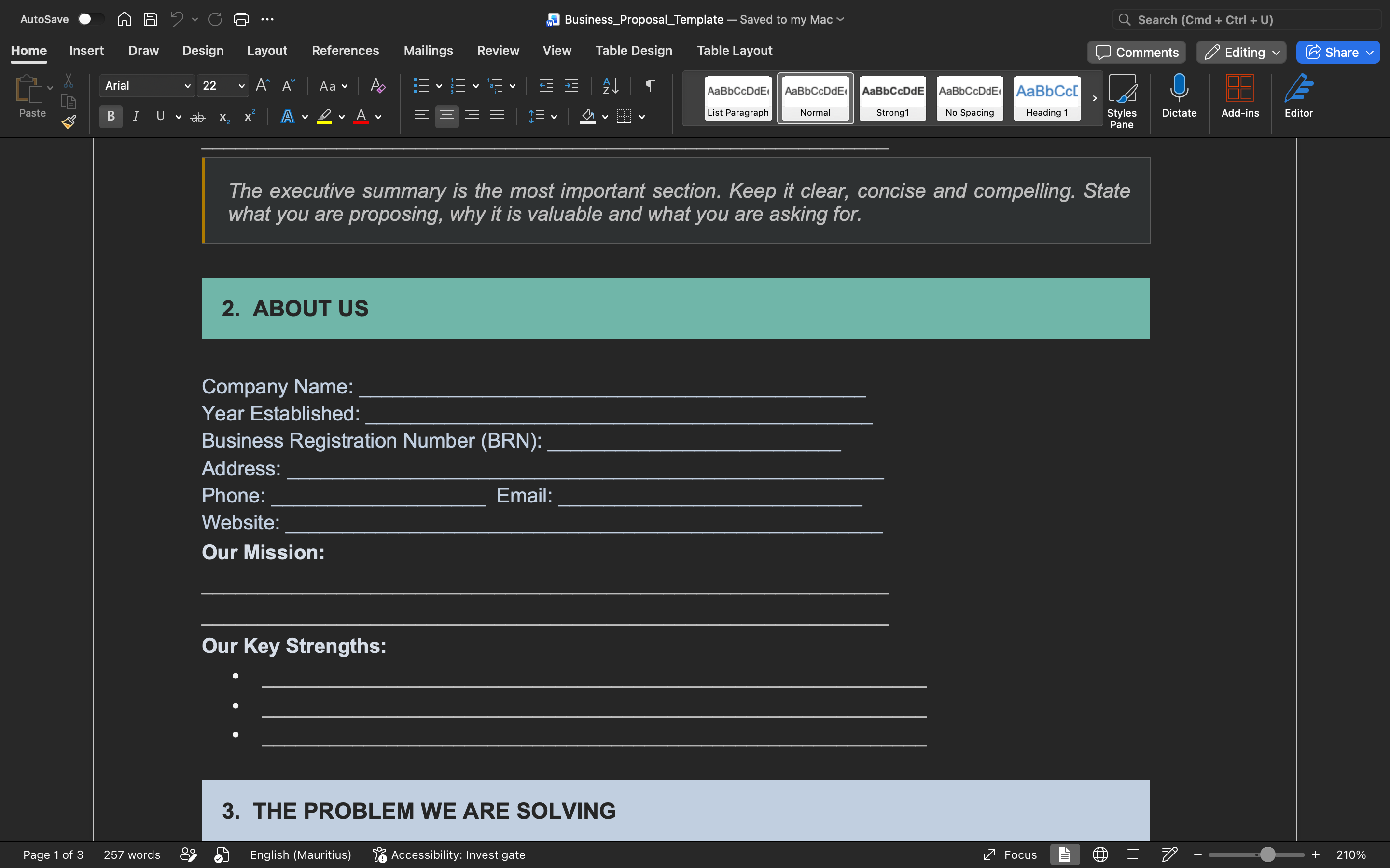 Business proposal template section: Executive Summary, About Us, and key fields