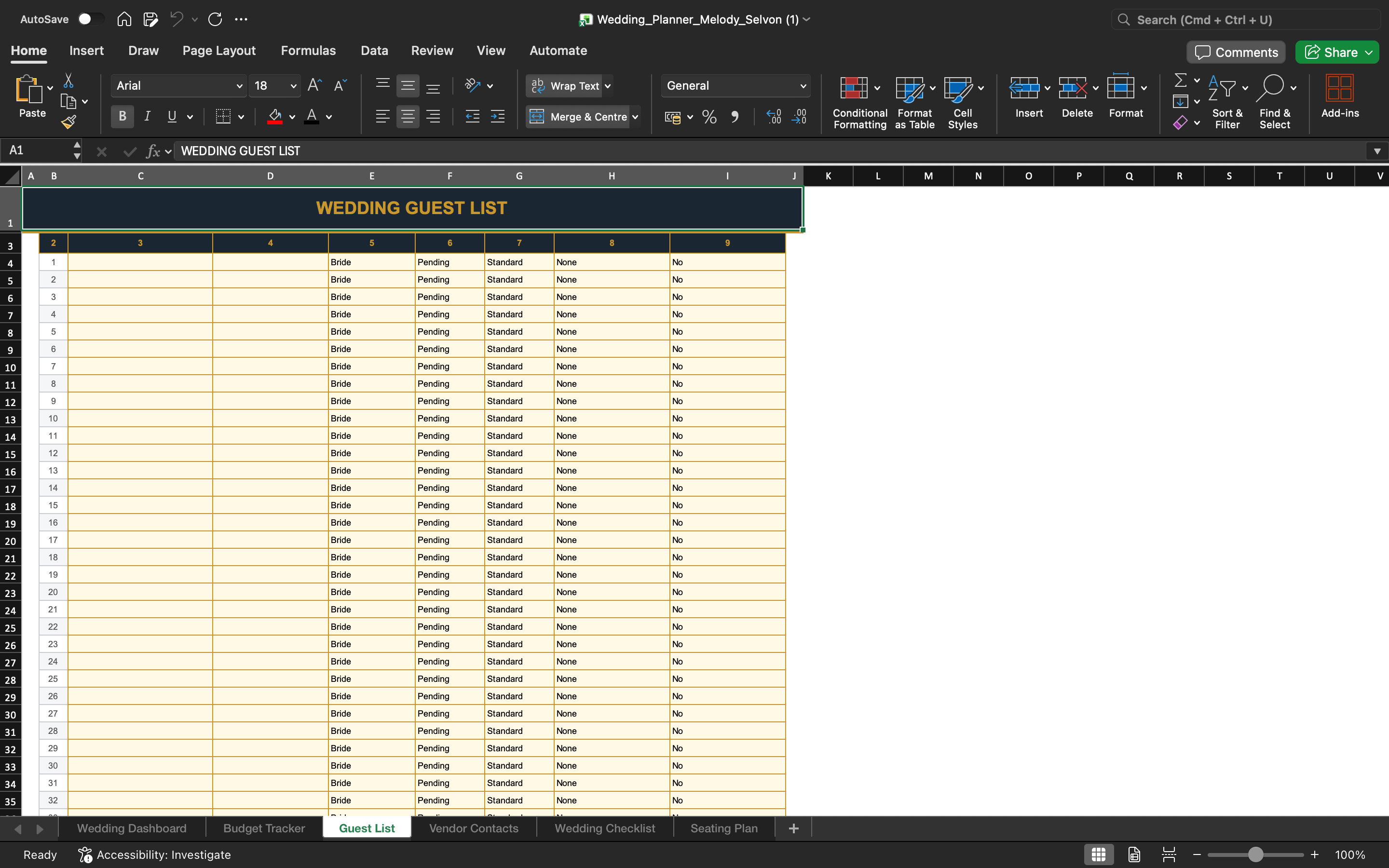 Wedding planner template: wedding guest list spreadsheet with guest name and notes columns