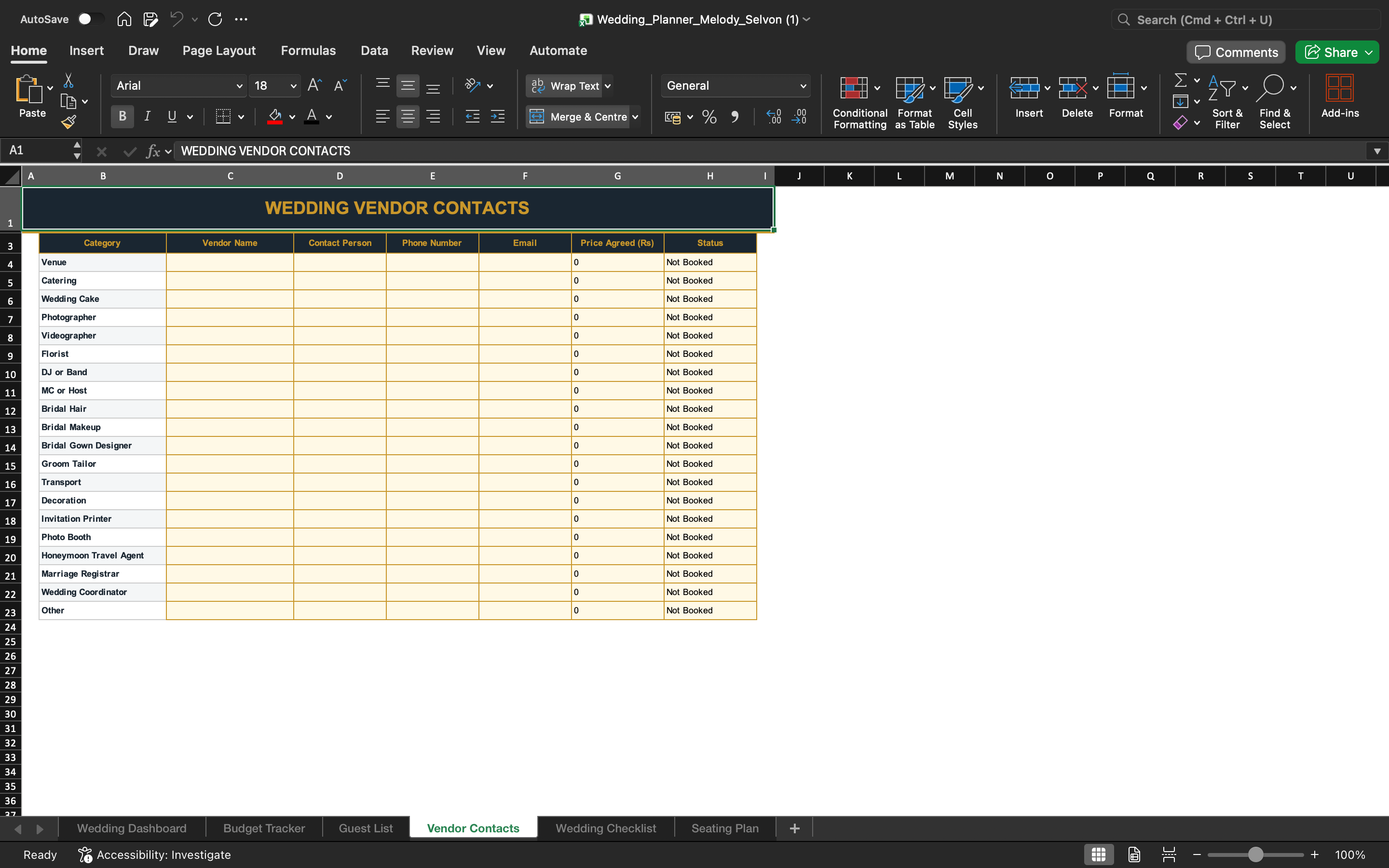 Wedding planner template: wedding vendor contacts spreadsheet with contact and service fields