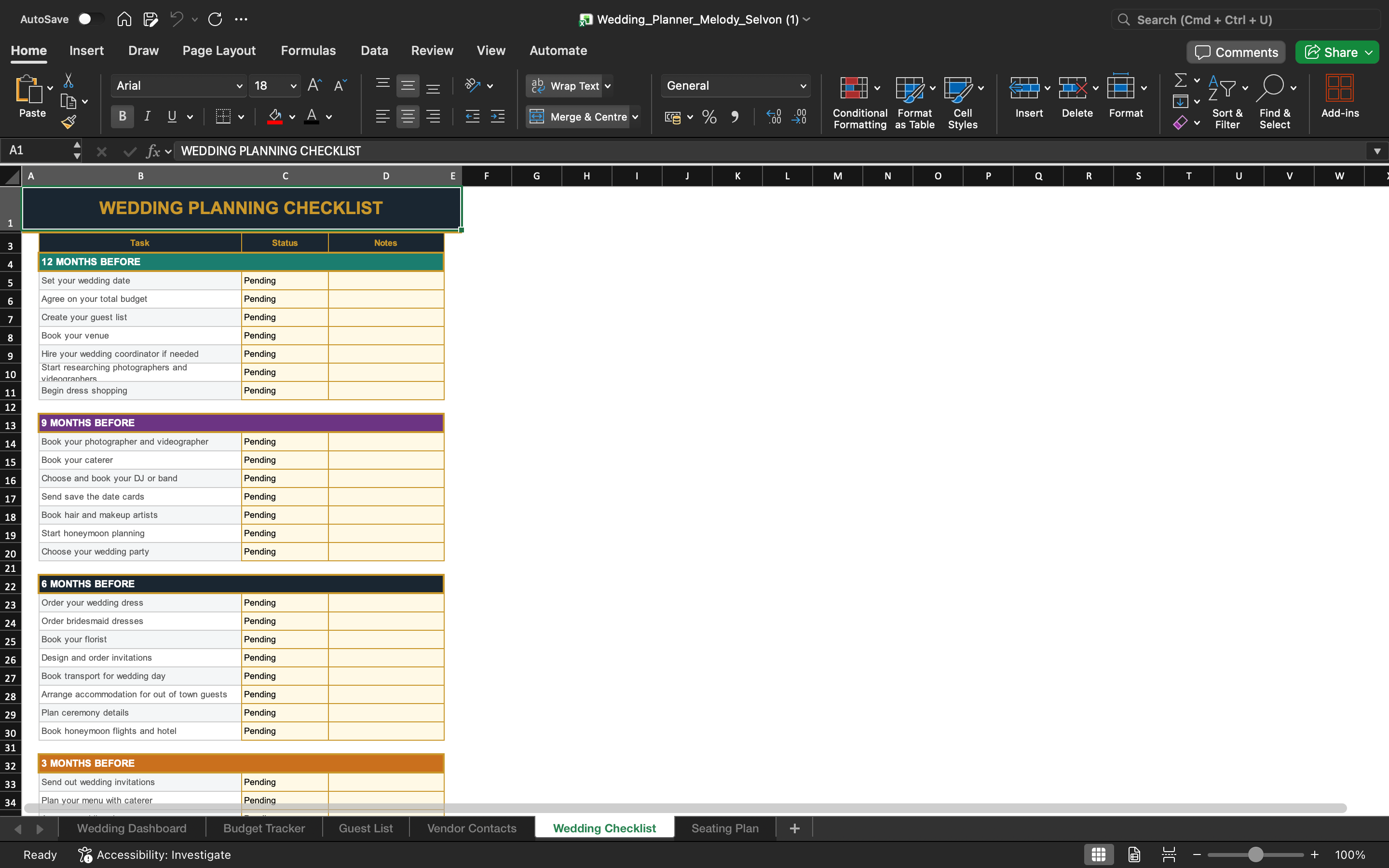 Wedding planner template: wedding planning checklist spreadsheet with to-do sections and tasks