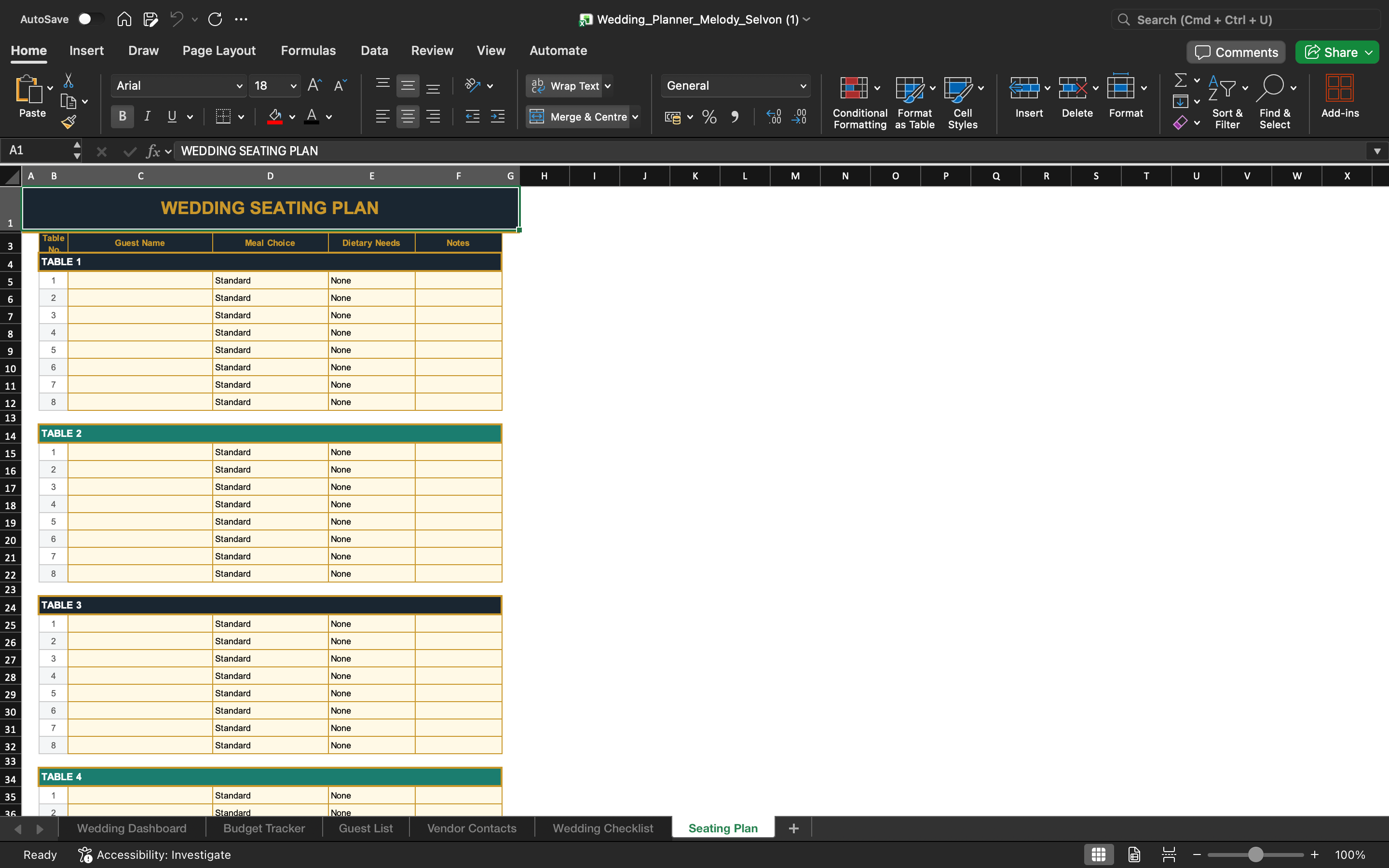 Wedding planner template: wedding seating plan spreadsheet with tables and guest assignments
