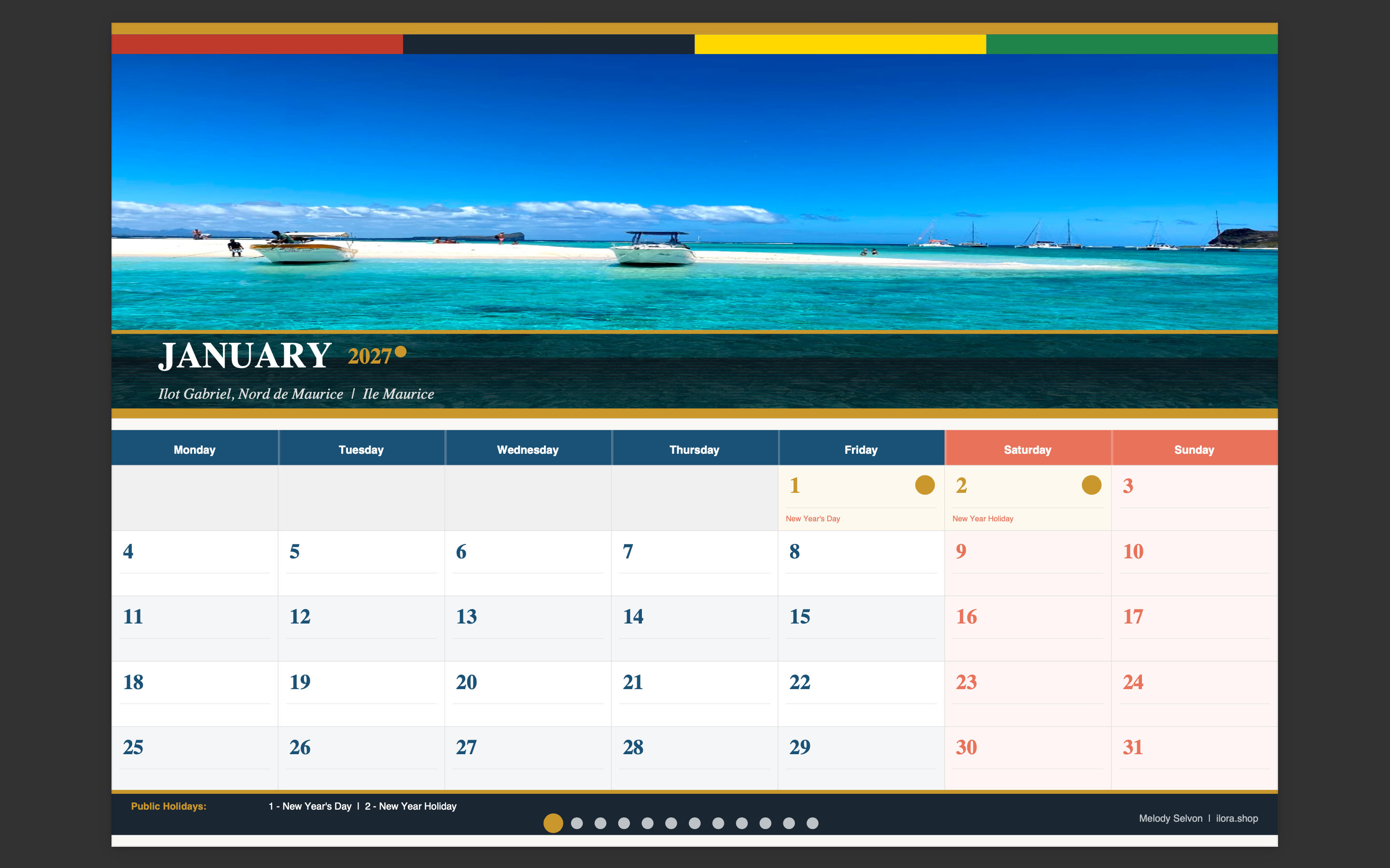 Mauritius 2027 Wall Calendar with Notes — Photography by Melody Selvon
