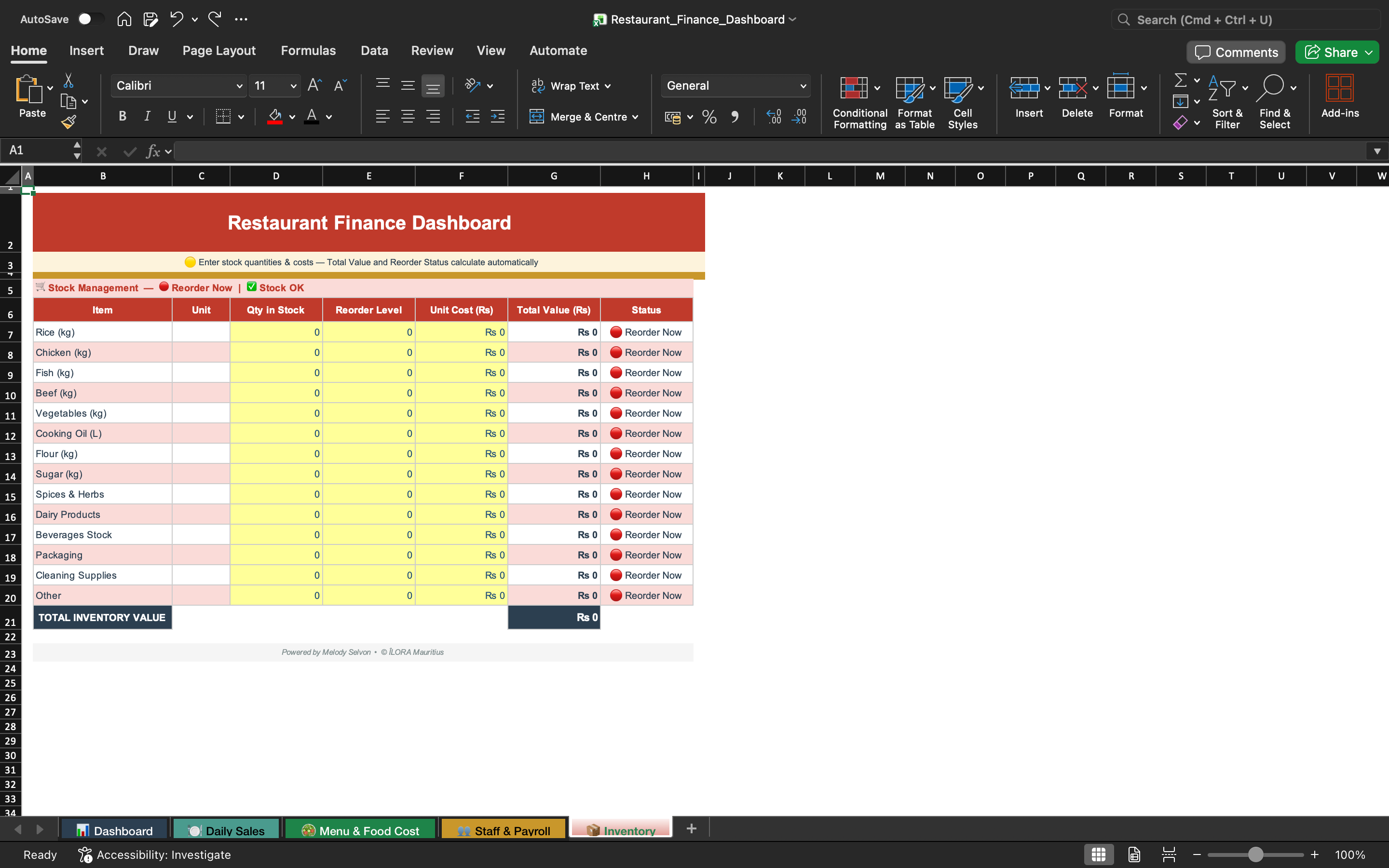 Restaurant finance dashboard spreadsheet with inventory item list and totals table