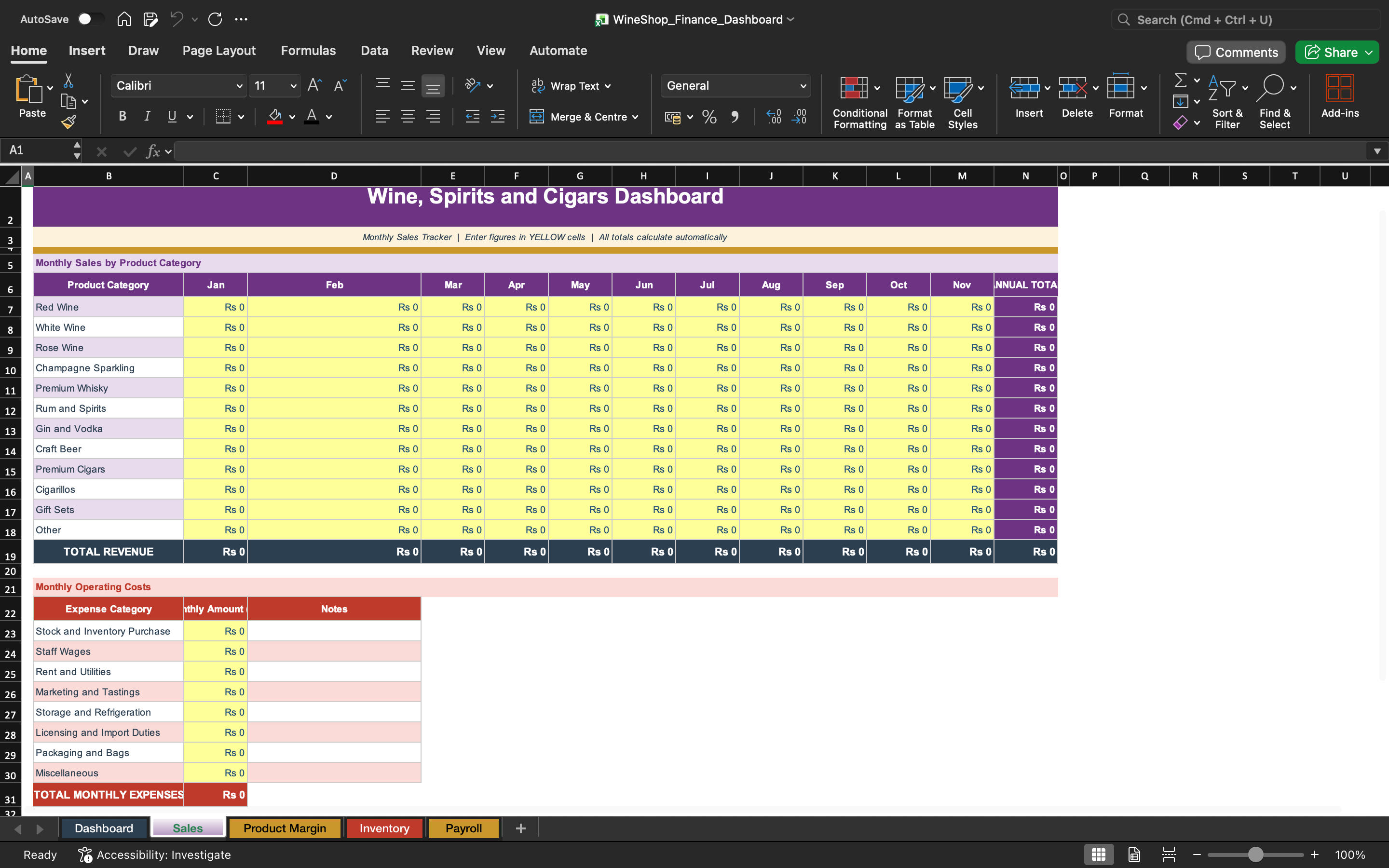 Finance dashboard spreadsheet with revenue matrix table and monthly summary rows