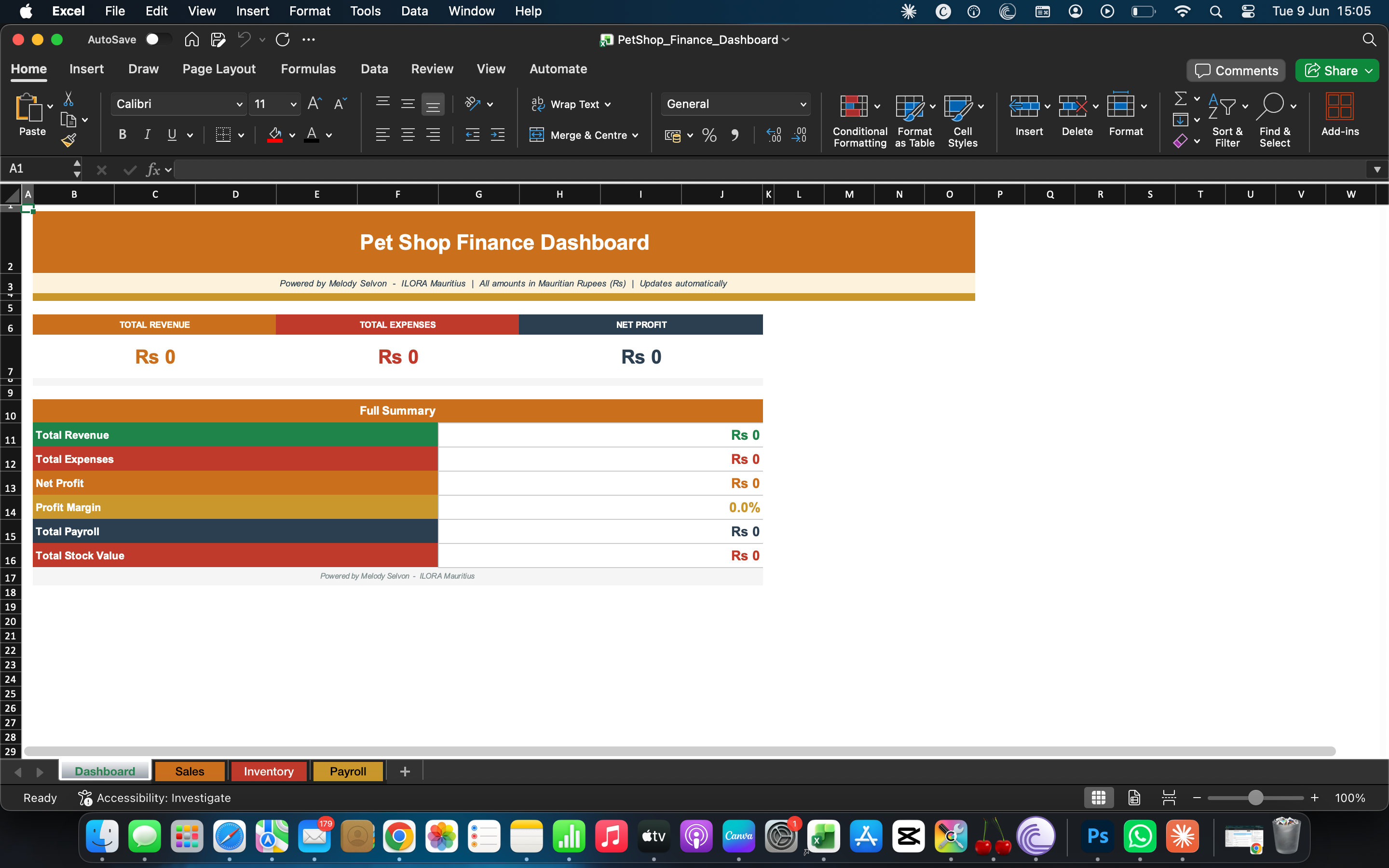Finance dashboard spreadsheet with summary bars and totals table