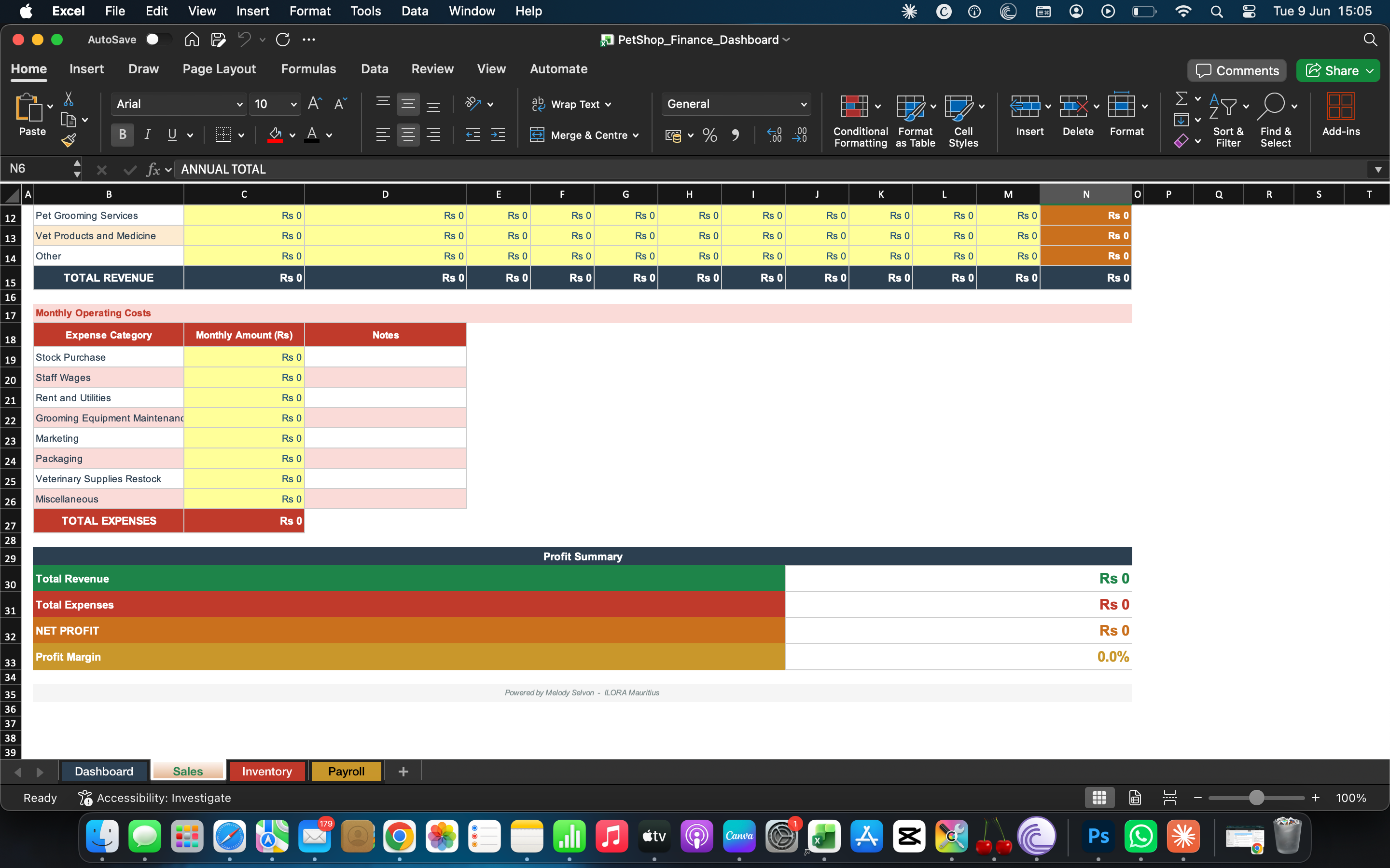 Finance dashboard spreadsheet with category table and colored profit bars