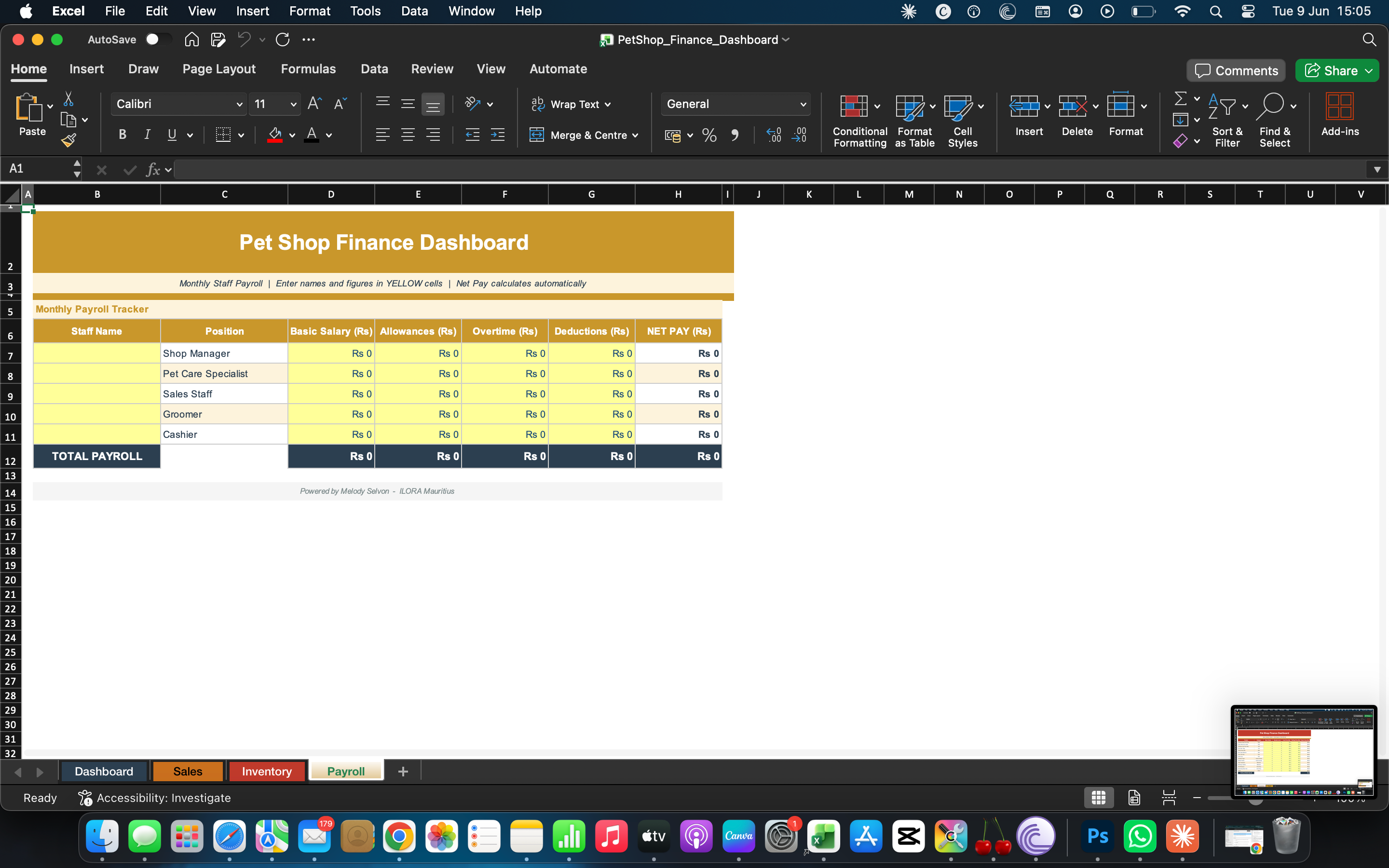 Finance dashboard spreadsheet with mid-page table and summary section