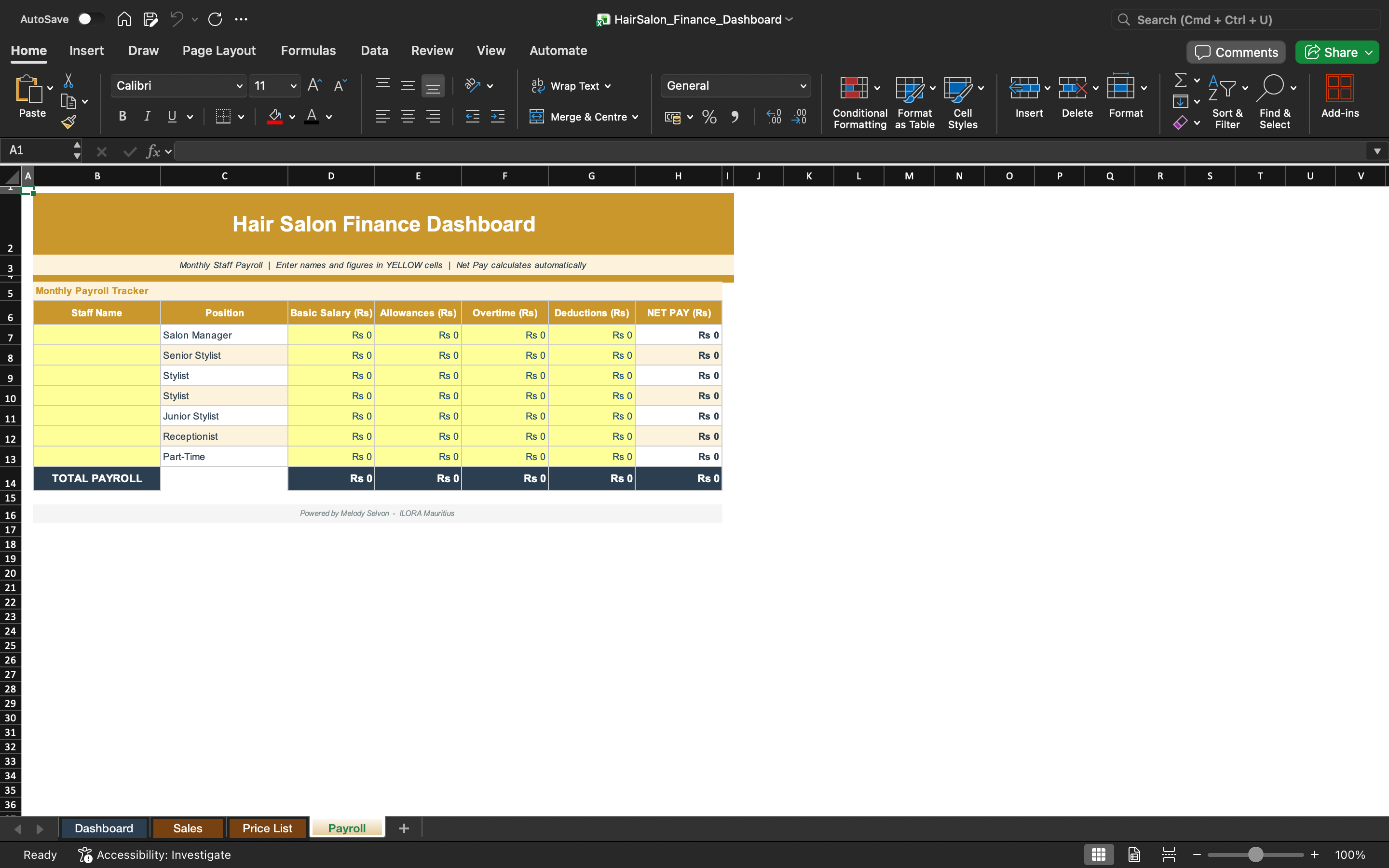 Excel dashboard sheet showing payment or transaction table with summary totals
