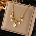 Zircon pendant necklace on jewelry bag: gold-tone chain with round charm drops