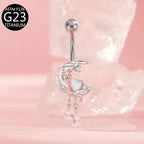Curved barbell navel ring with crescent moon design, opal heart, and crystal drop charms